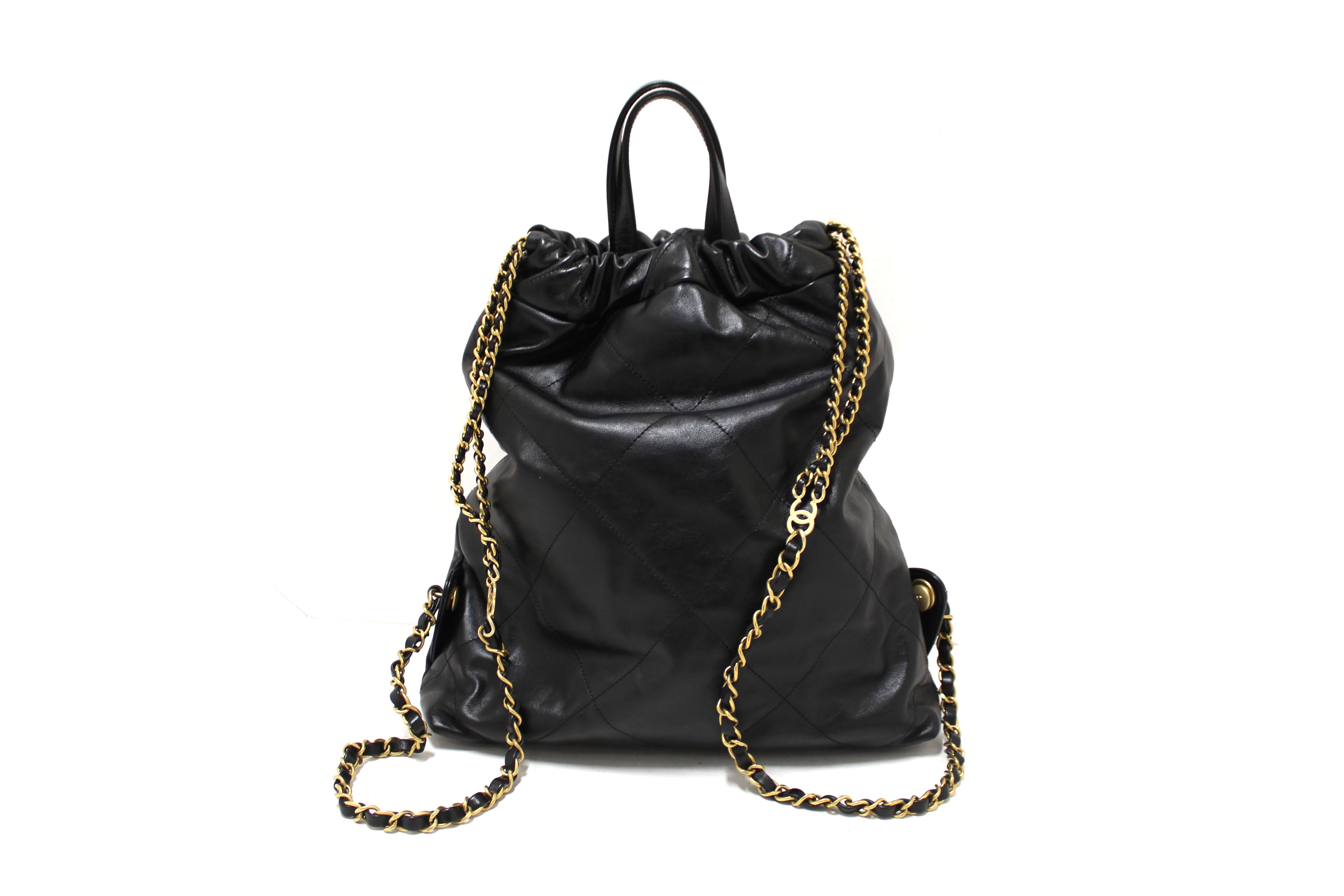 Authentic Chanel Black Chanel 22 Calfskin Leather Drawstring Chain Backpack