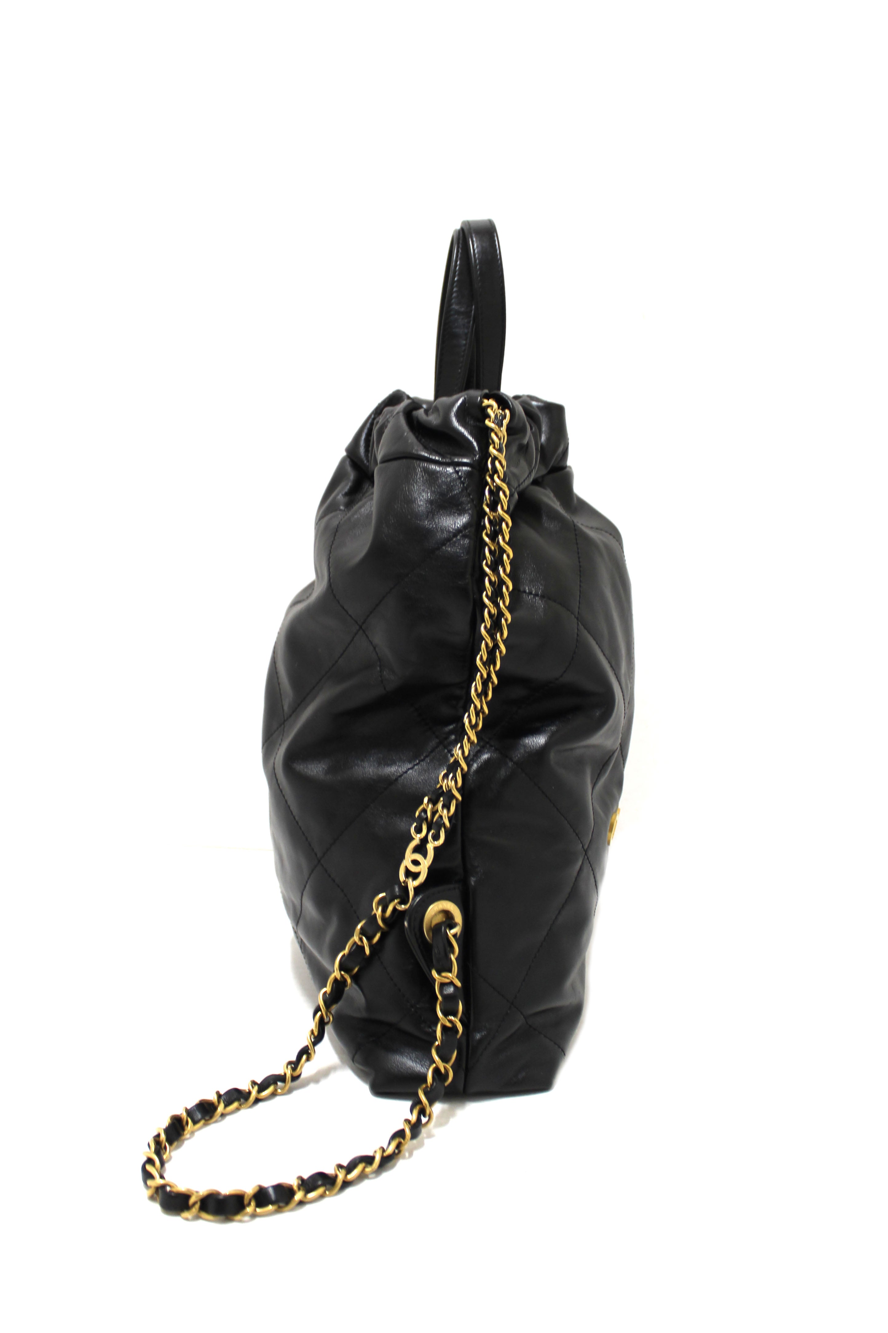 Authentic Chanel Black Chanel 22 Calfskin Leather Drawstring Chain Backpack