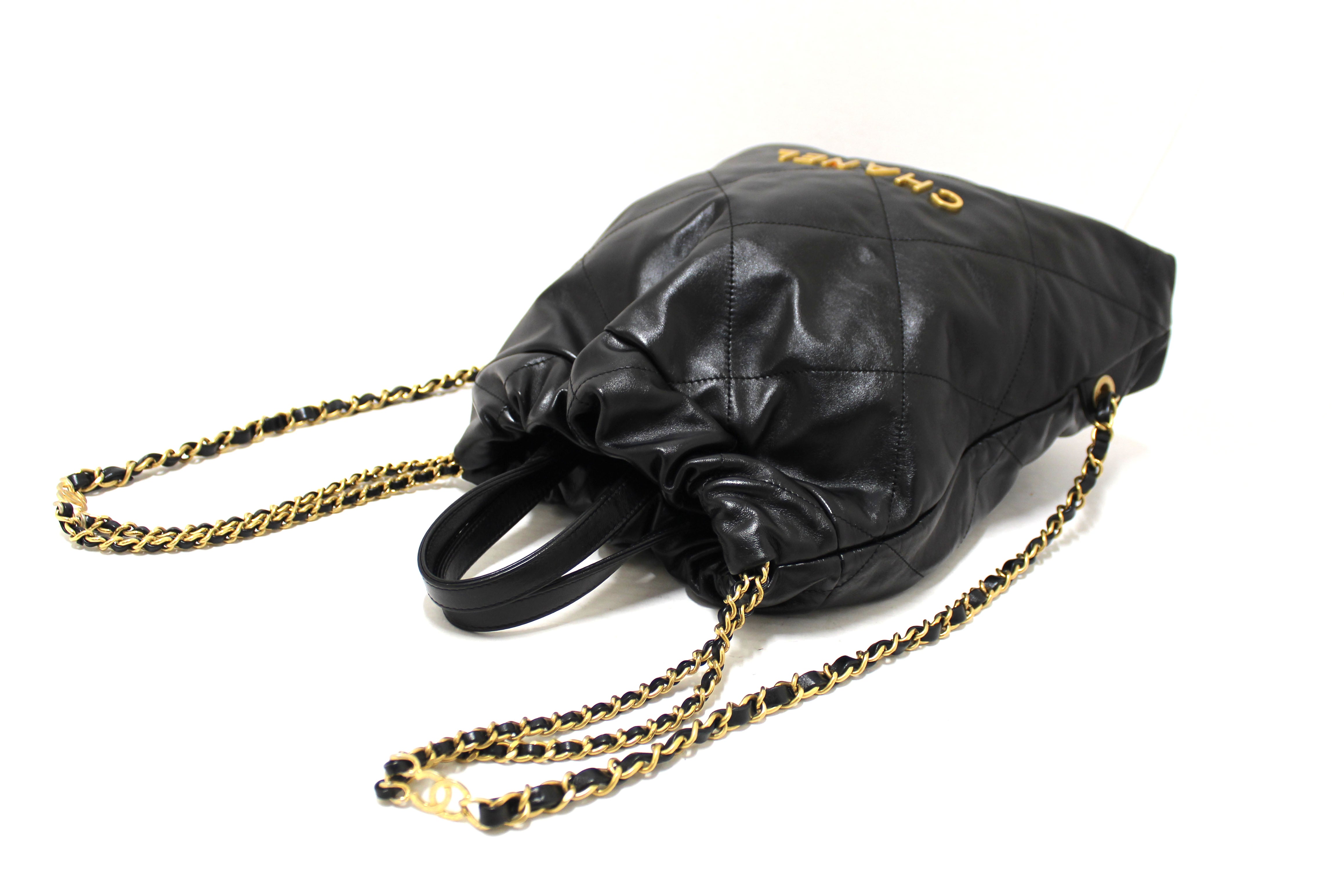 Authentic Chanel Black Chanel 22 Calfskin Leather Drawstring Chain Backpack