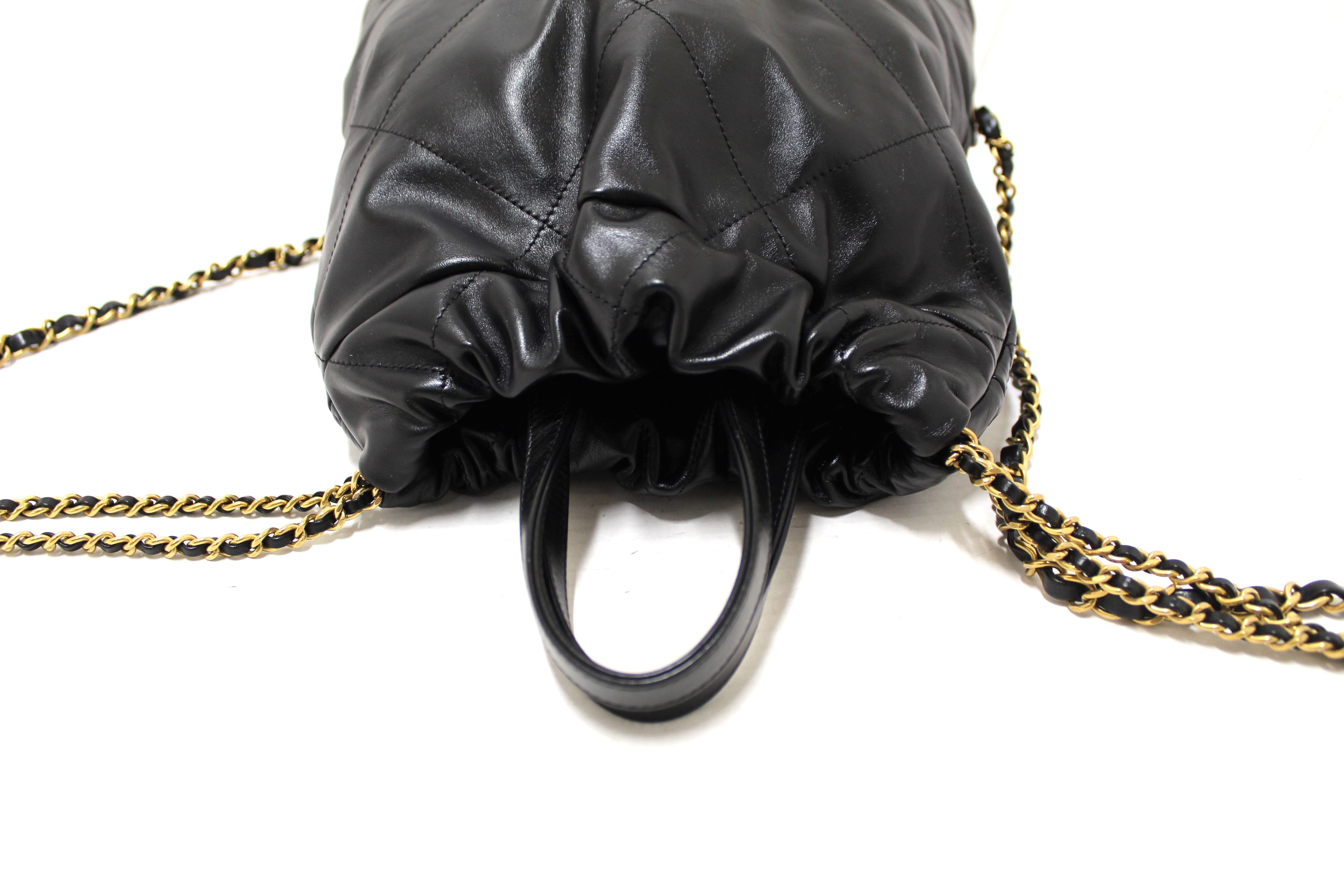 Authentic Chanel Black Chanel 22 Calfskin Leather Drawstring Chain Backpack