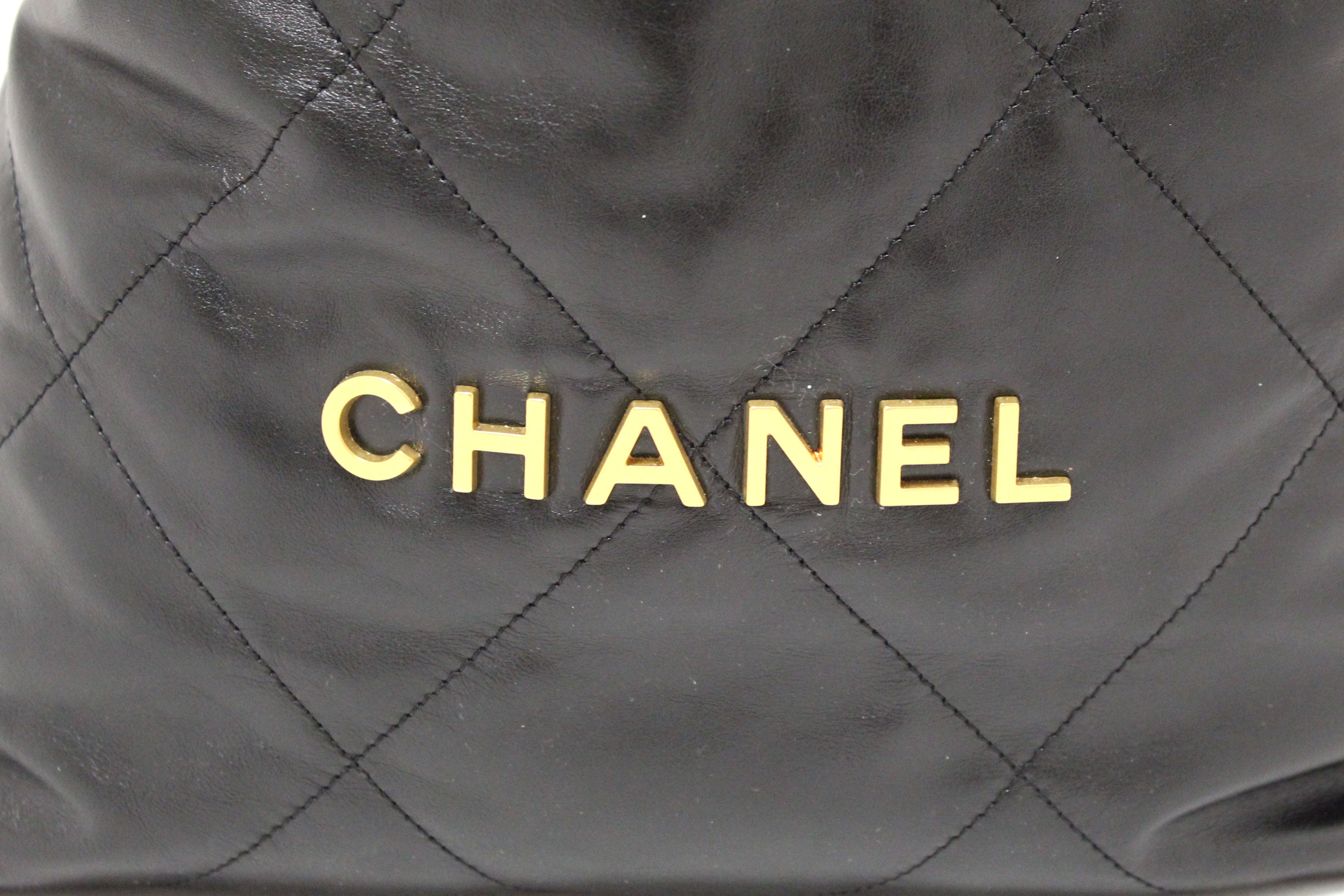 Authentic Chanel Black Chanel 22 Calfskin Leather Drawstring Chain Backpack