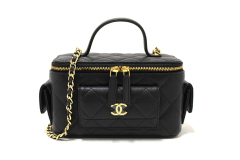 Authentic NEW Chanel Black Caviar Quilted Polly Pocket East West Top Vanity With Chain Bag