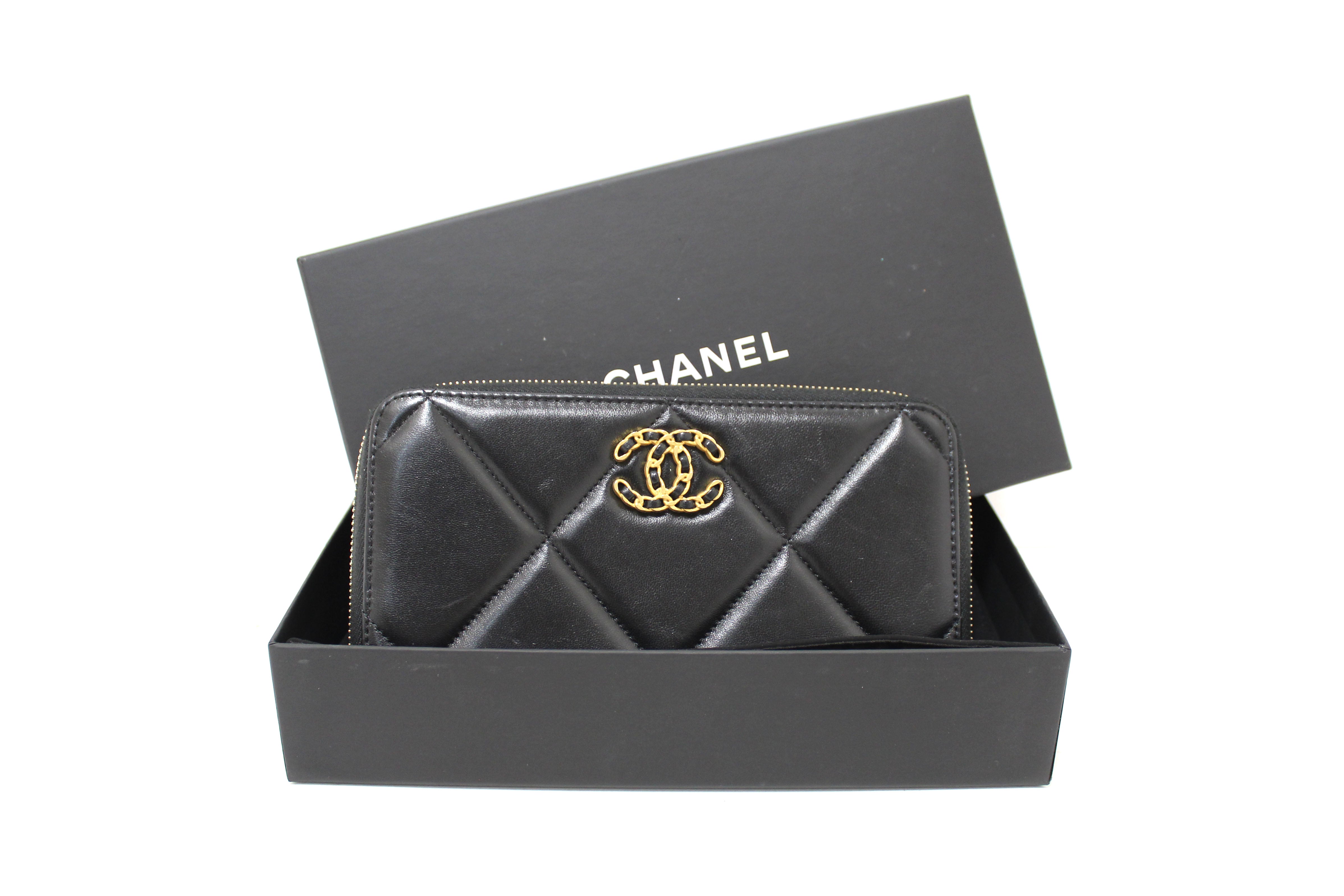 Authentic Chanel 19 Black Quilted Lambskin Leather Long Zip Around Wallet