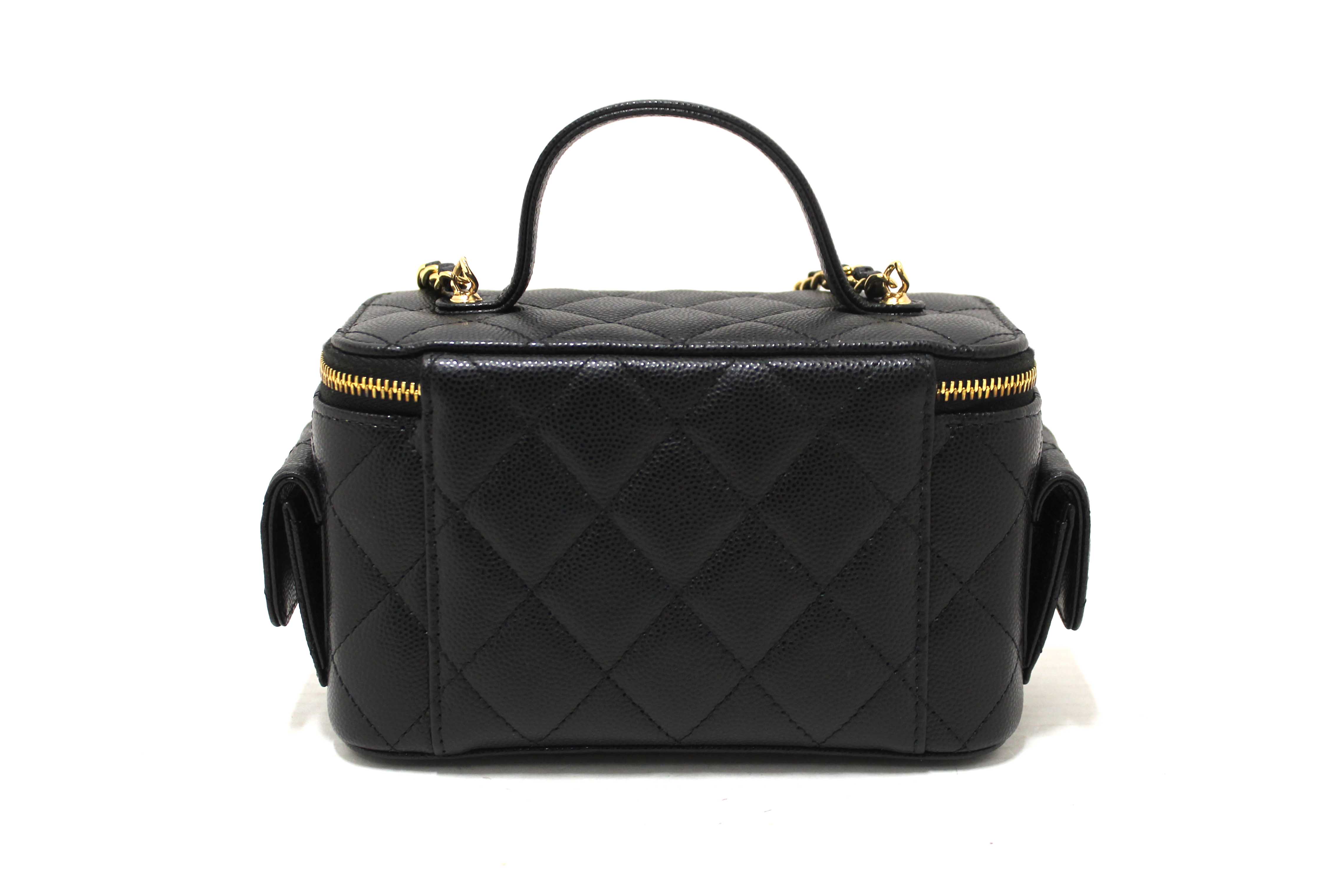 Authentic NEW Chanel Black Caviar Quilted Polly Pocket East West Top Vanity With Chain Bag
