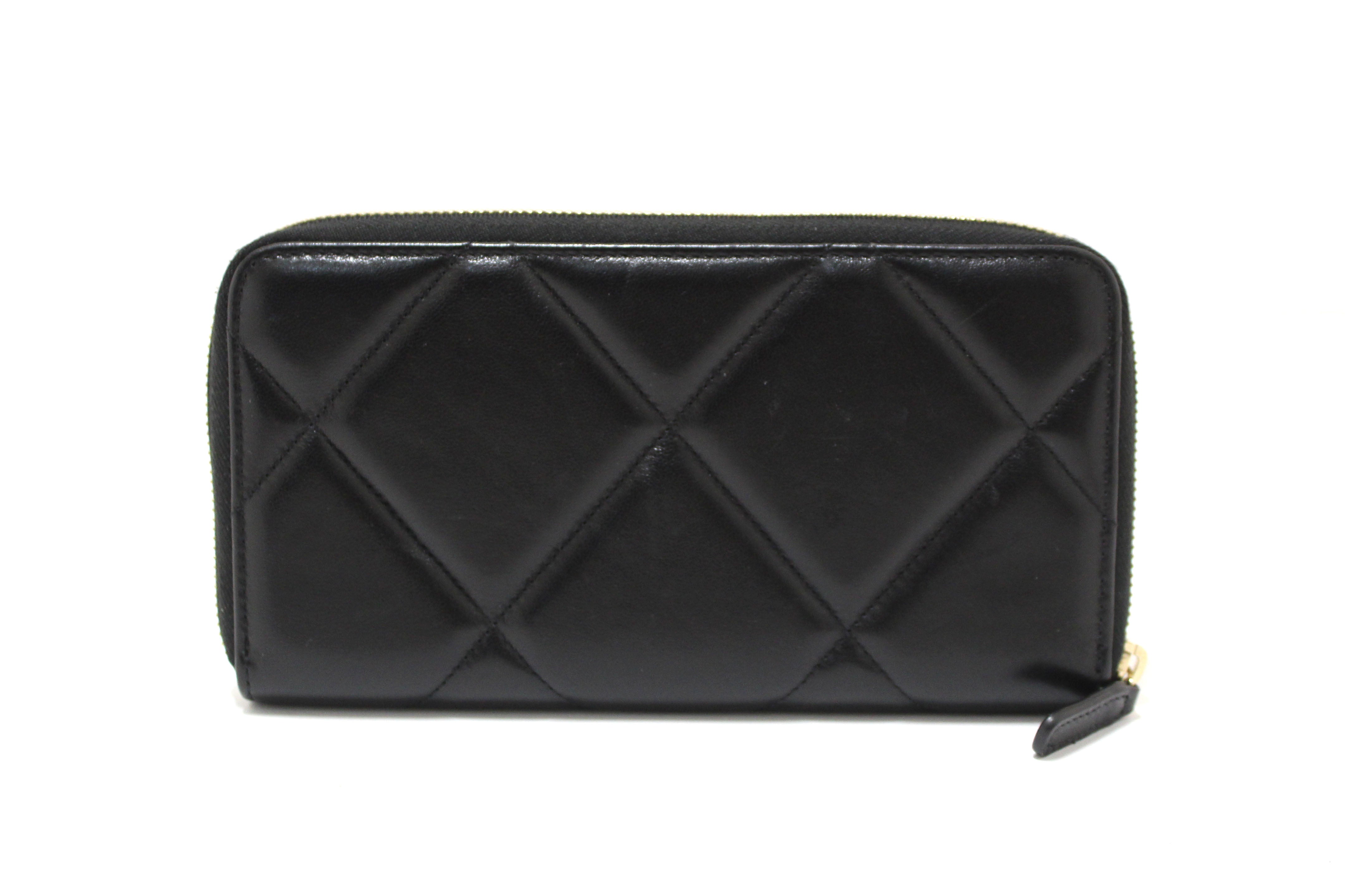 Authentic Chanel 19 Black Quilted Lambskin Leather Long Zip Around Wallet