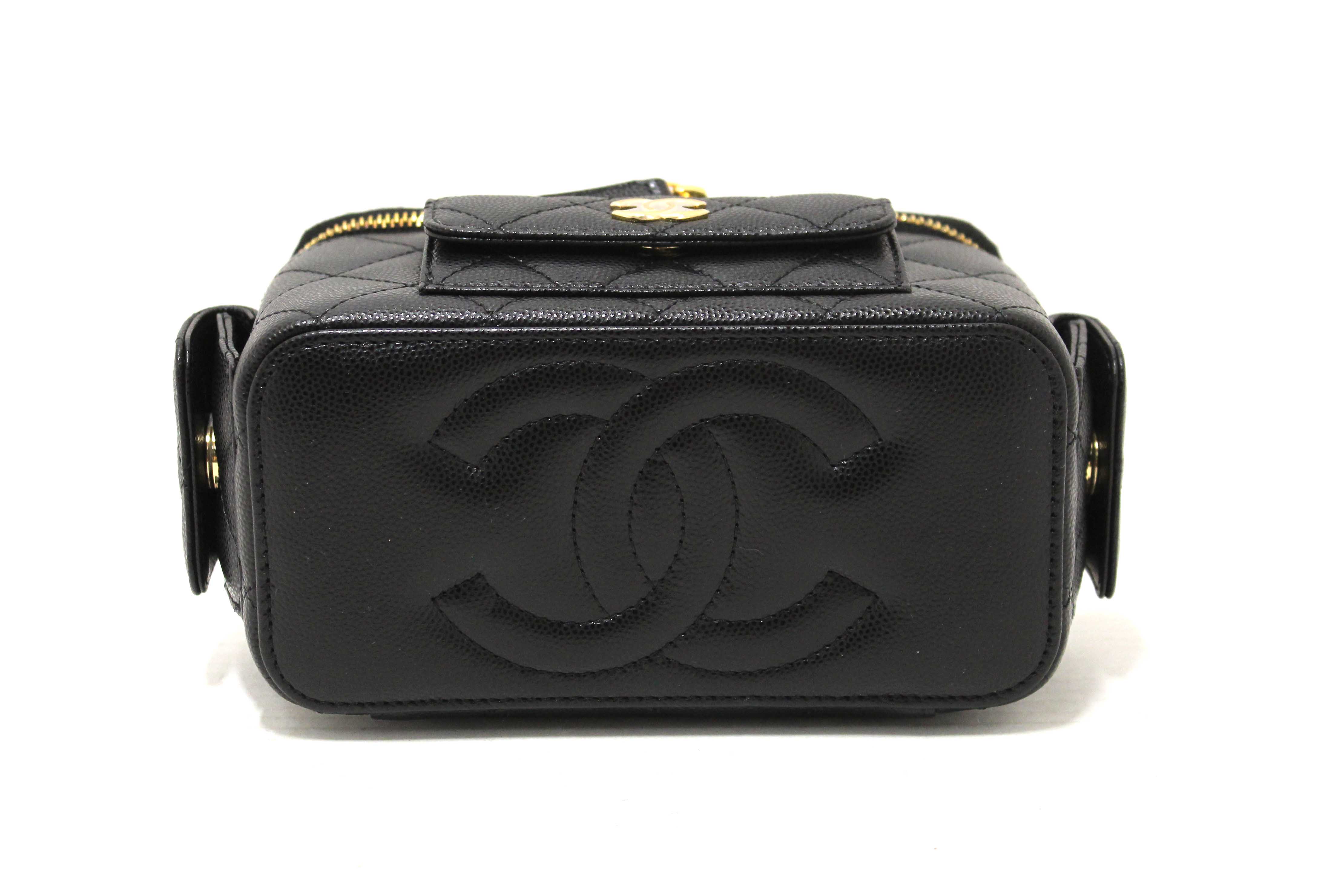 Authentic NEW Chanel Black Caviar Quilted Polly Pocket East West Top Vanity With Chain Bag