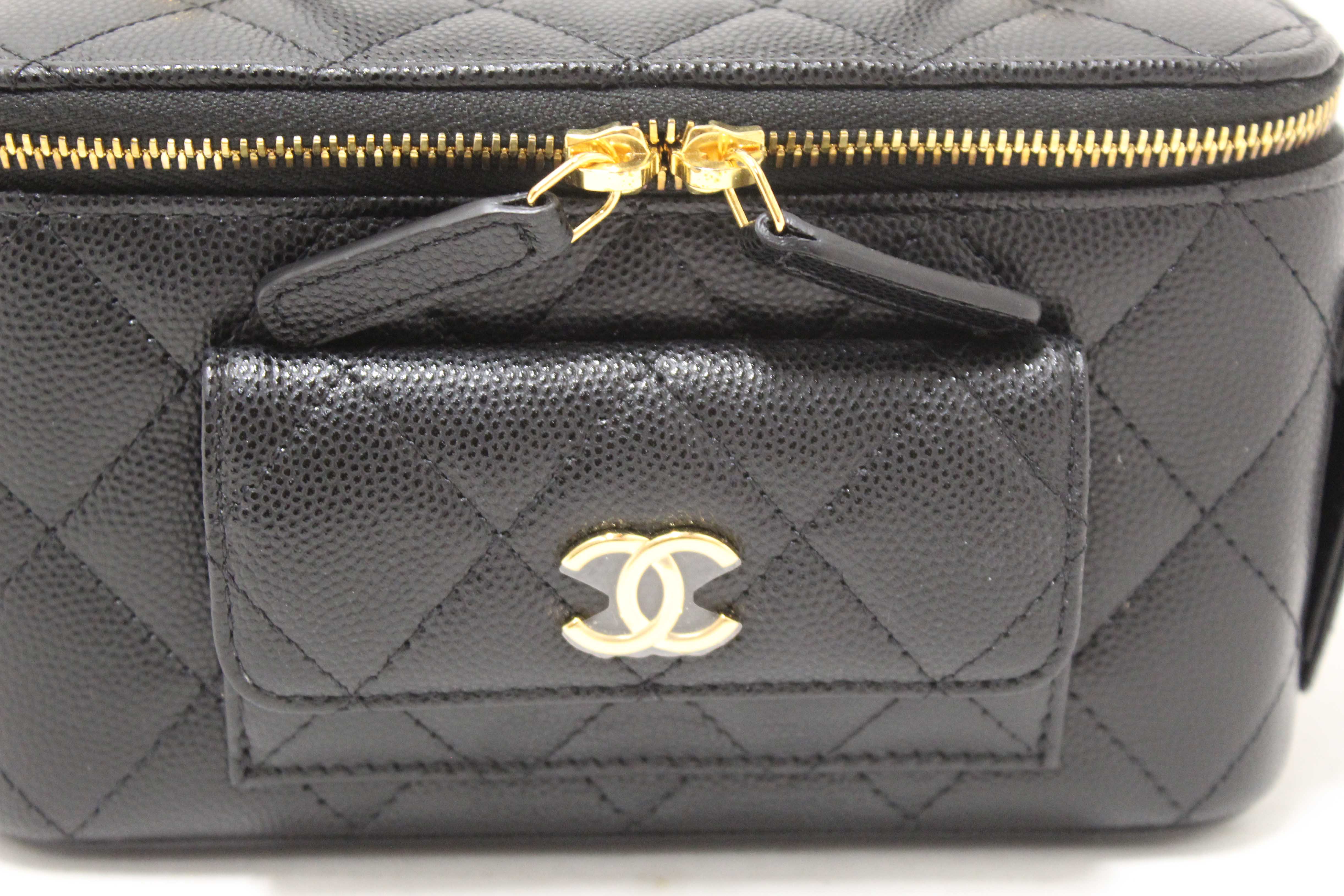 Authentic NEW Chanel Black Caviar Quilted Polly Pocket East West Top Vanity With Chain Bag