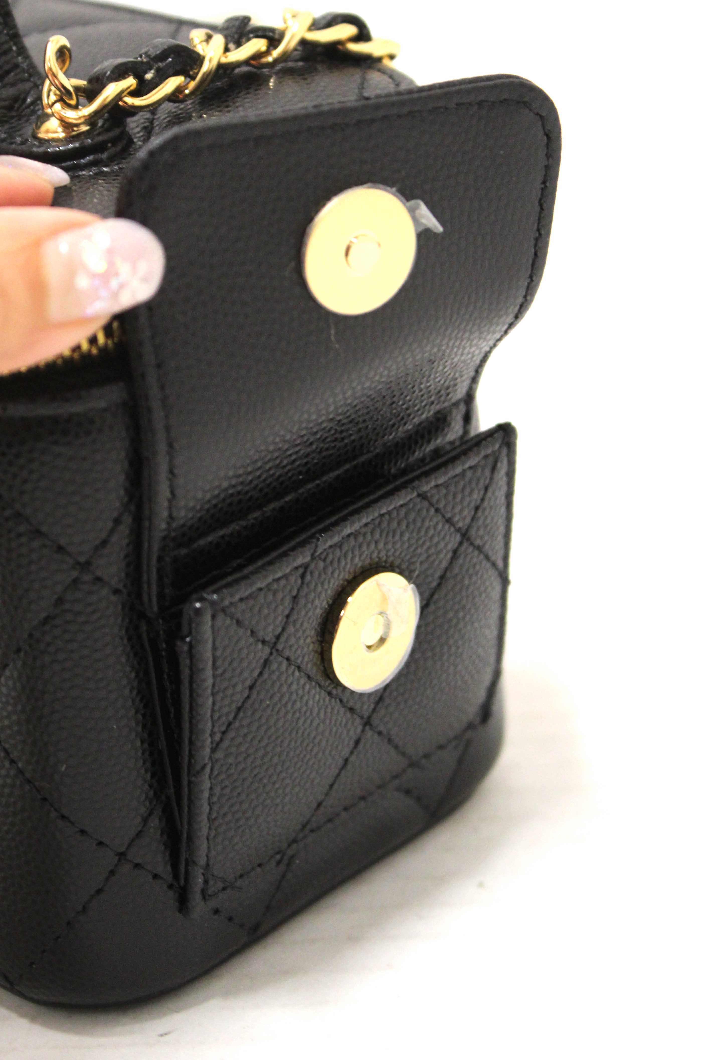 Authentic NEW Chanel Black Caviar Quilted Polly Pocket East West Top Vanity With Chain Bag