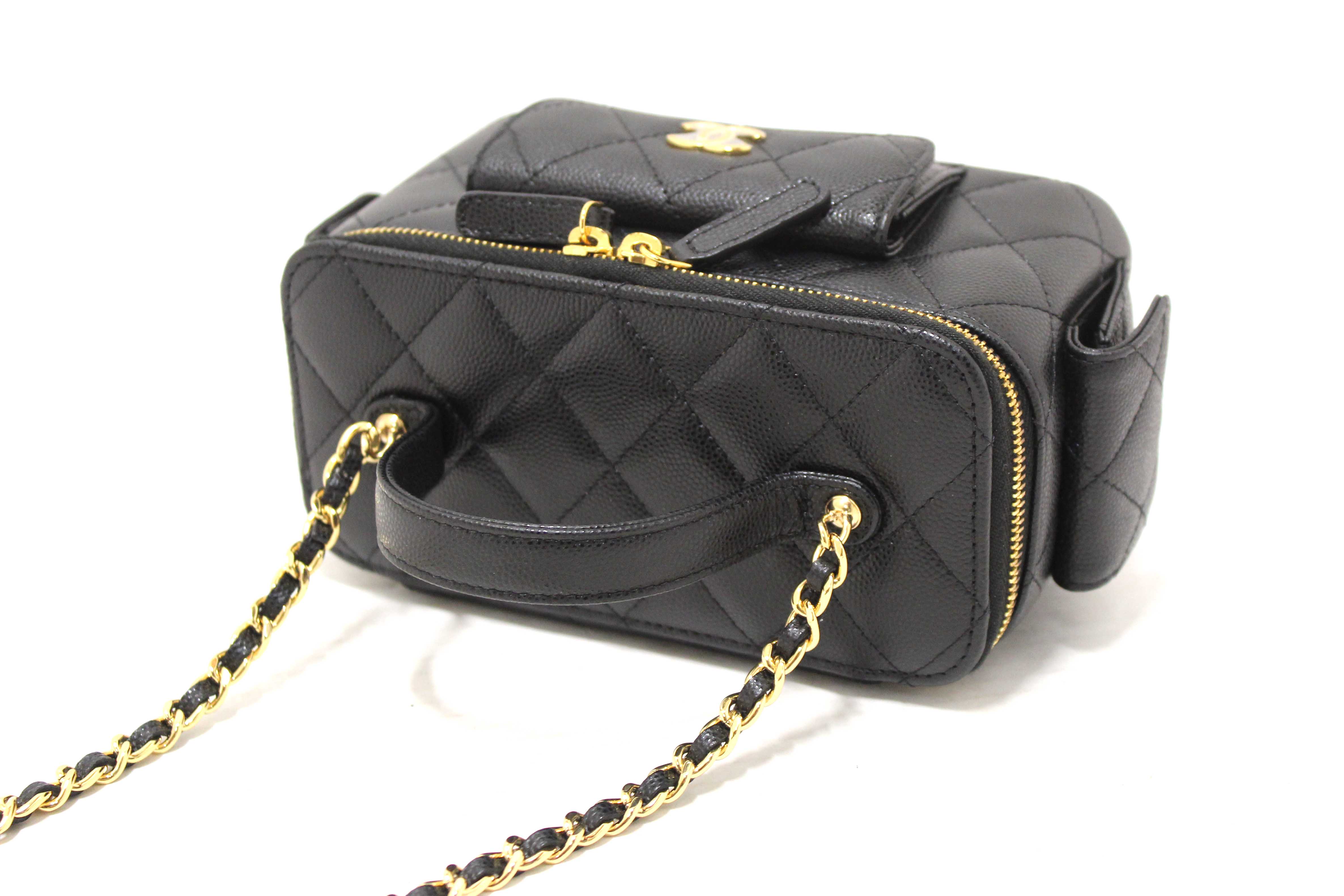 Authentic NEW Chanel Black Caviar Quilted Polly Pocket East West Top Vanity With Chain Bag