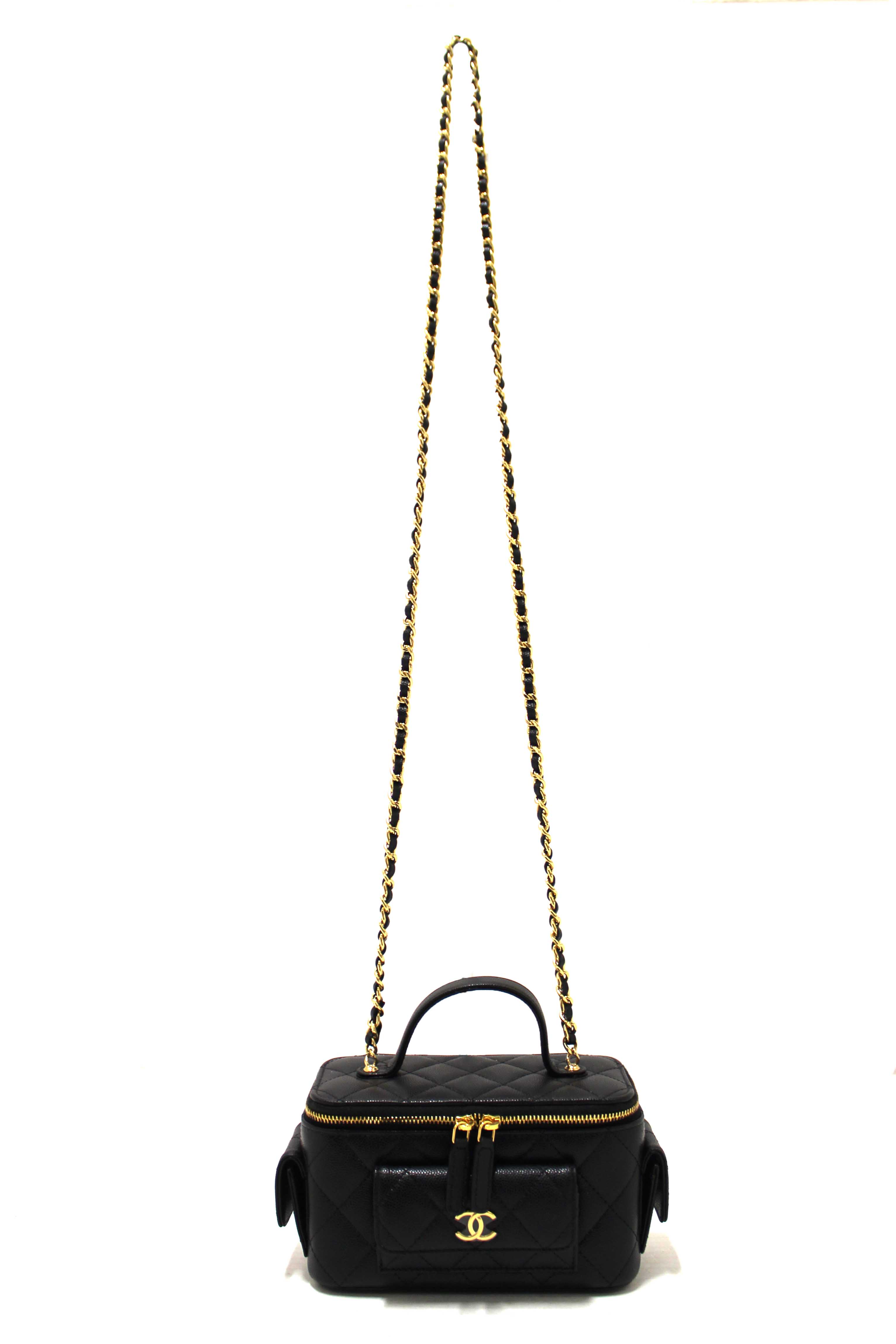 Authentic NEW Chanel Black Caviar Quilted Polly Pocket East West Top Vanity With Chain Bag