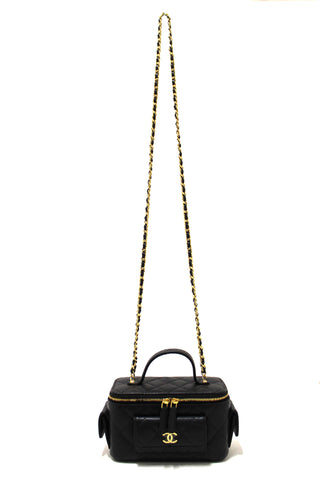 Authentic NEW Chanel Black Caviar Quilted Polly Pocket East West Top Vanity With Chain Bag