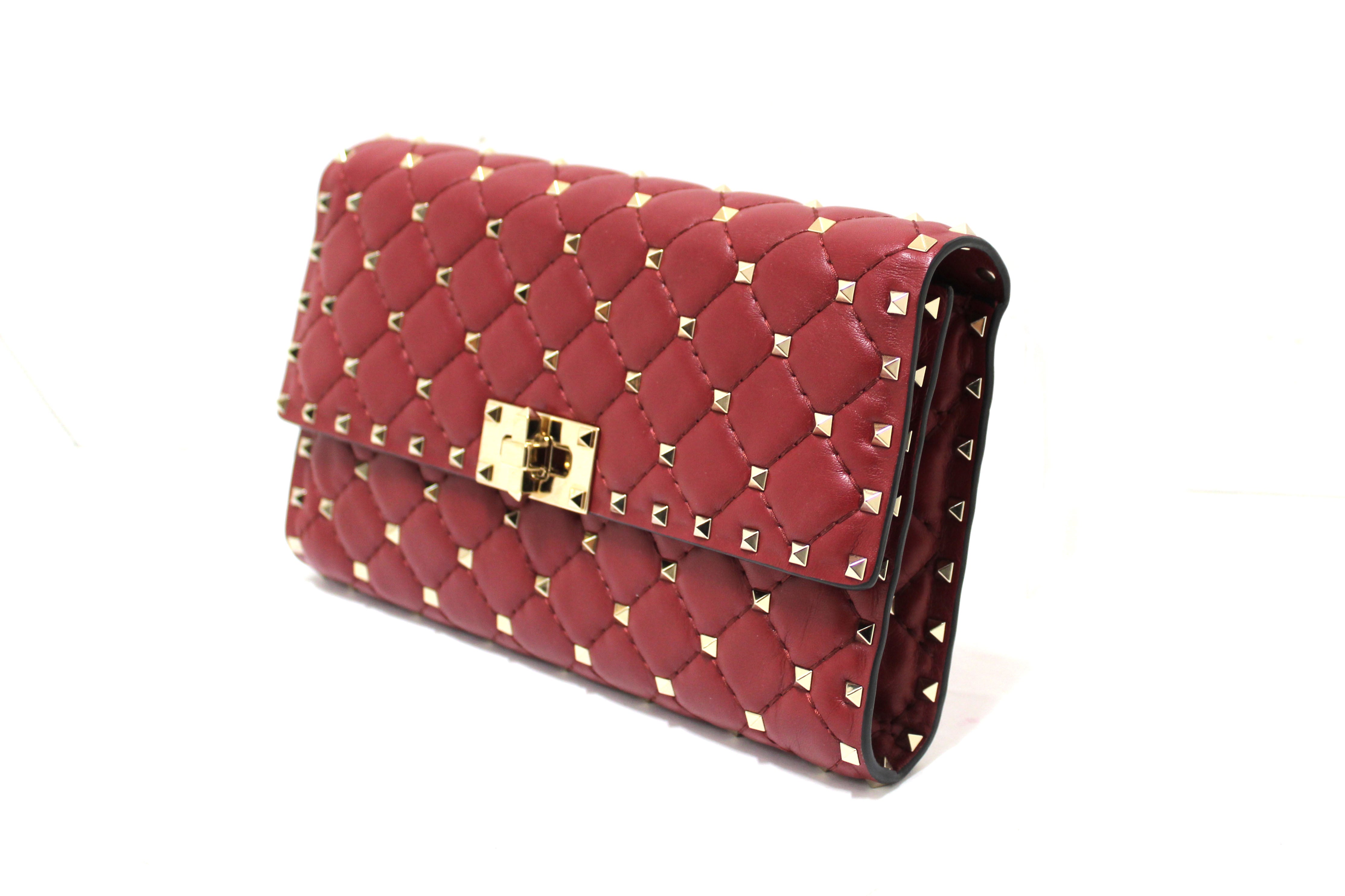 Authentic Valentino Garavani Red Quilted Nappa Leather Rockstud Spike Crossbody Clutch Bag