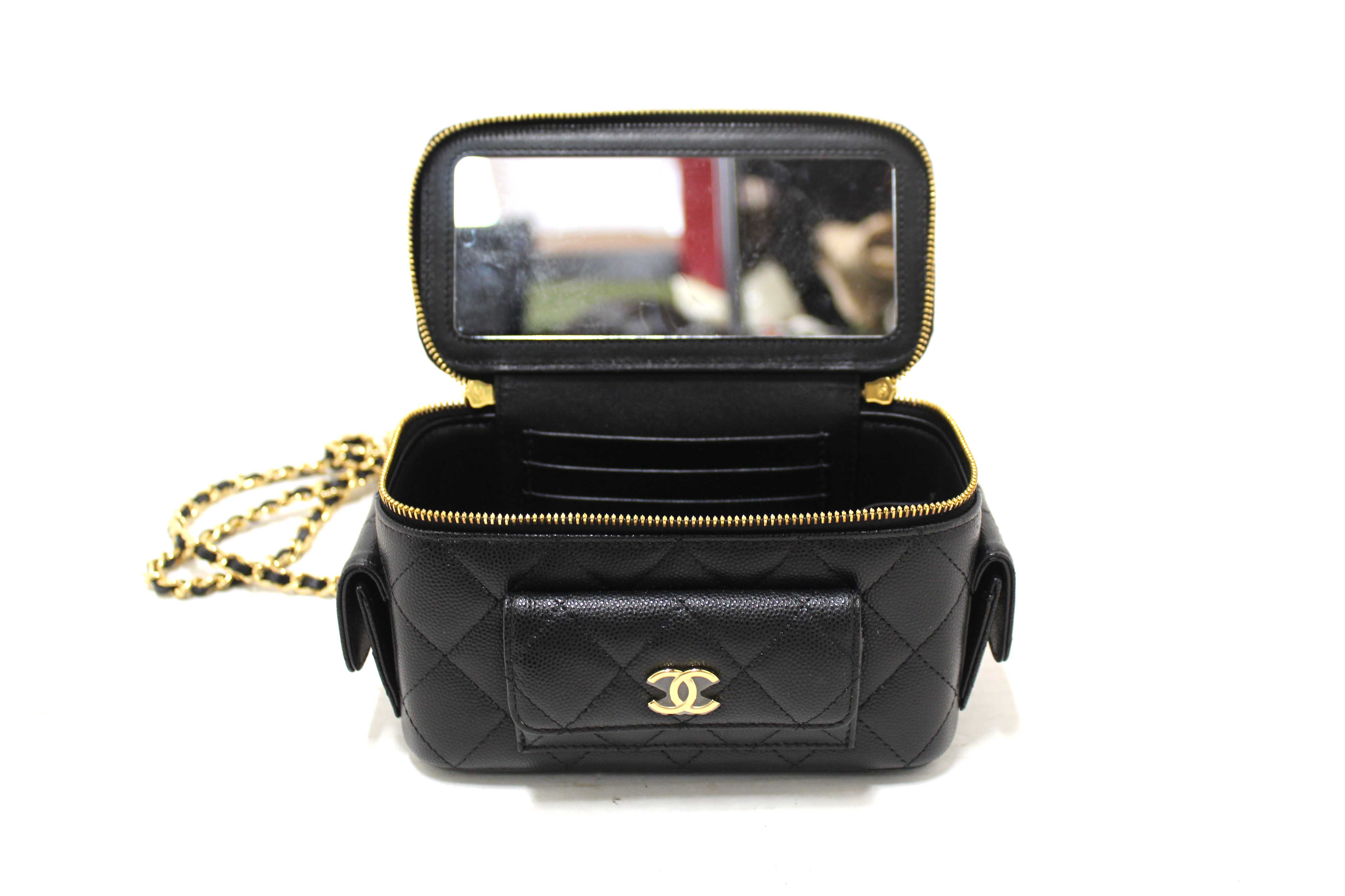 Authentic NEW Chanel Black Caviar Quilted Polly Pocket East West Top Vanity With Chain Bag