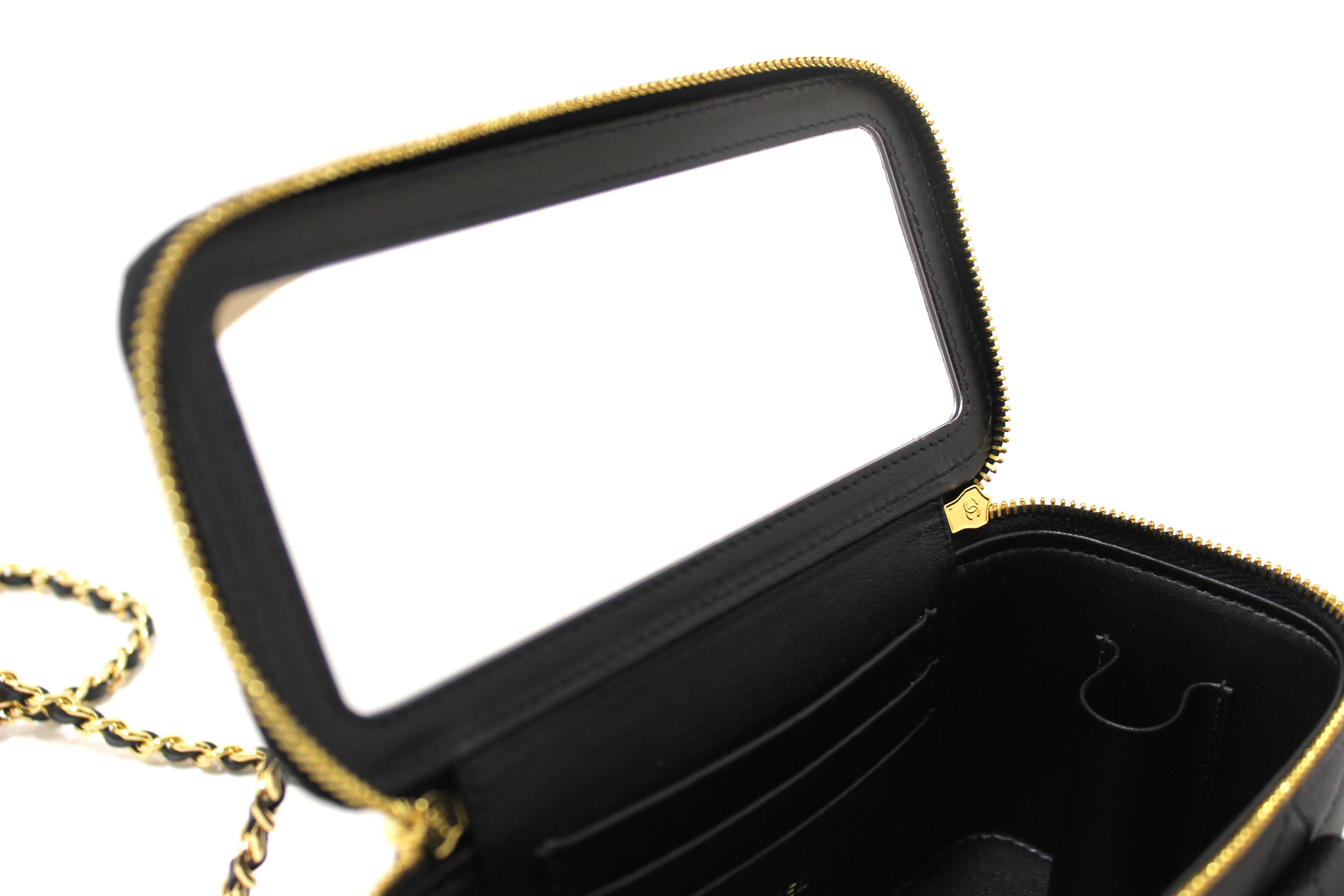 Authentic NEW Chanel Black Caviar Quilted Polly Pocket East West Top Vanity With Chain Bag