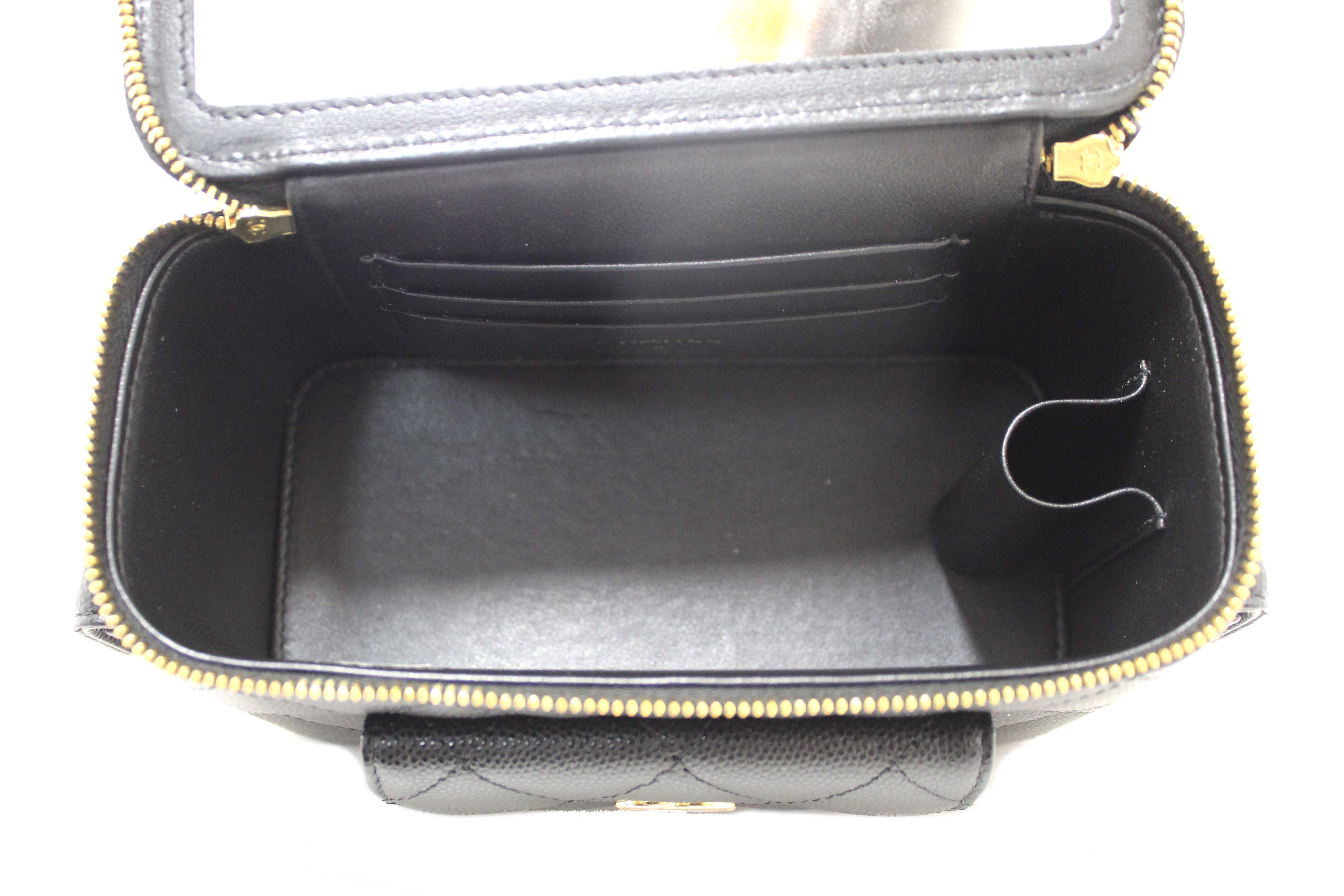 Authentic NEW Chanel Black Caviar Quilted Polly Pocket East West Top Vanity With Chain Bag
