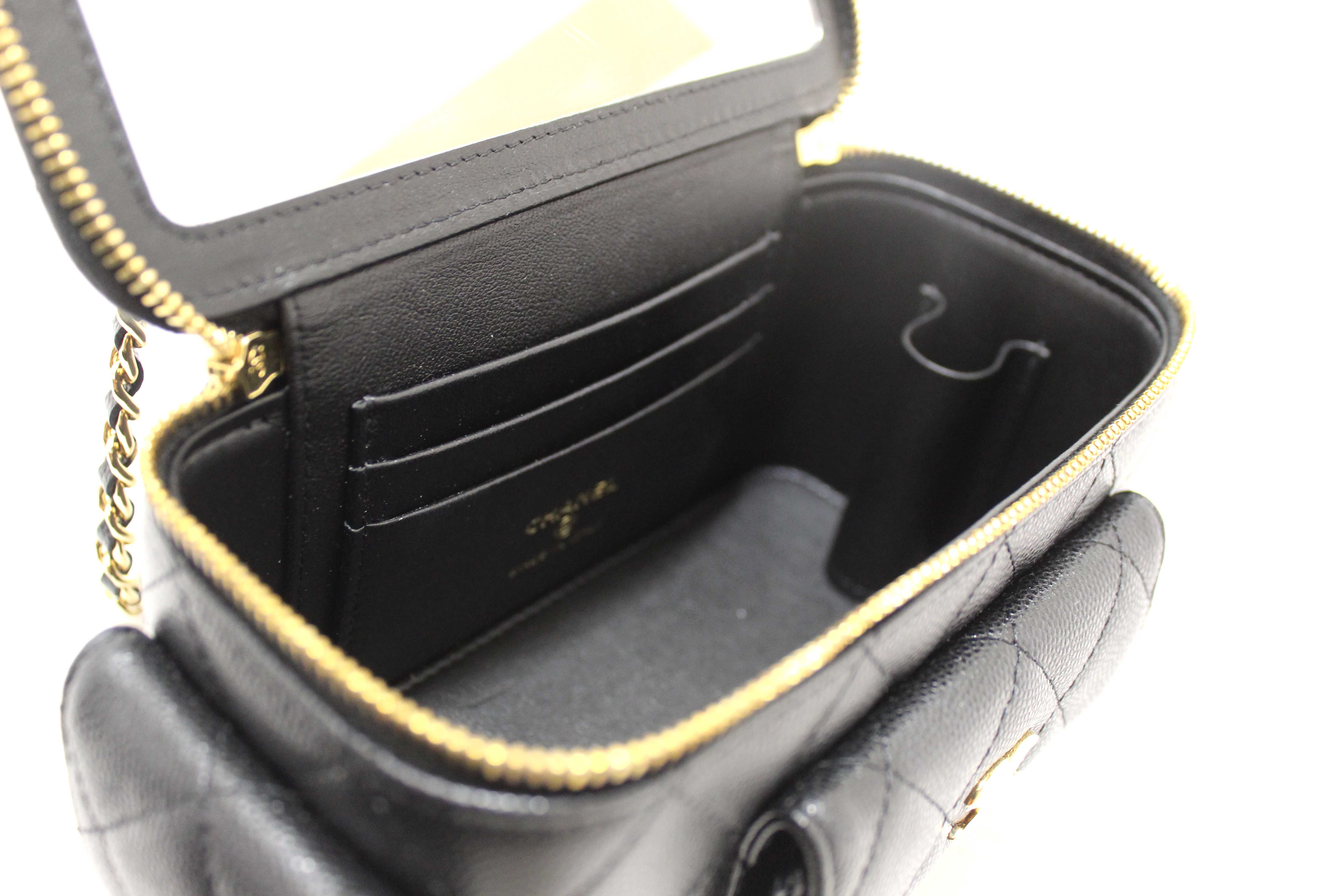 Authentic NEW Chanel Black Caviar Quilted Polly Pocket East West Top Vanity With Chain Bag