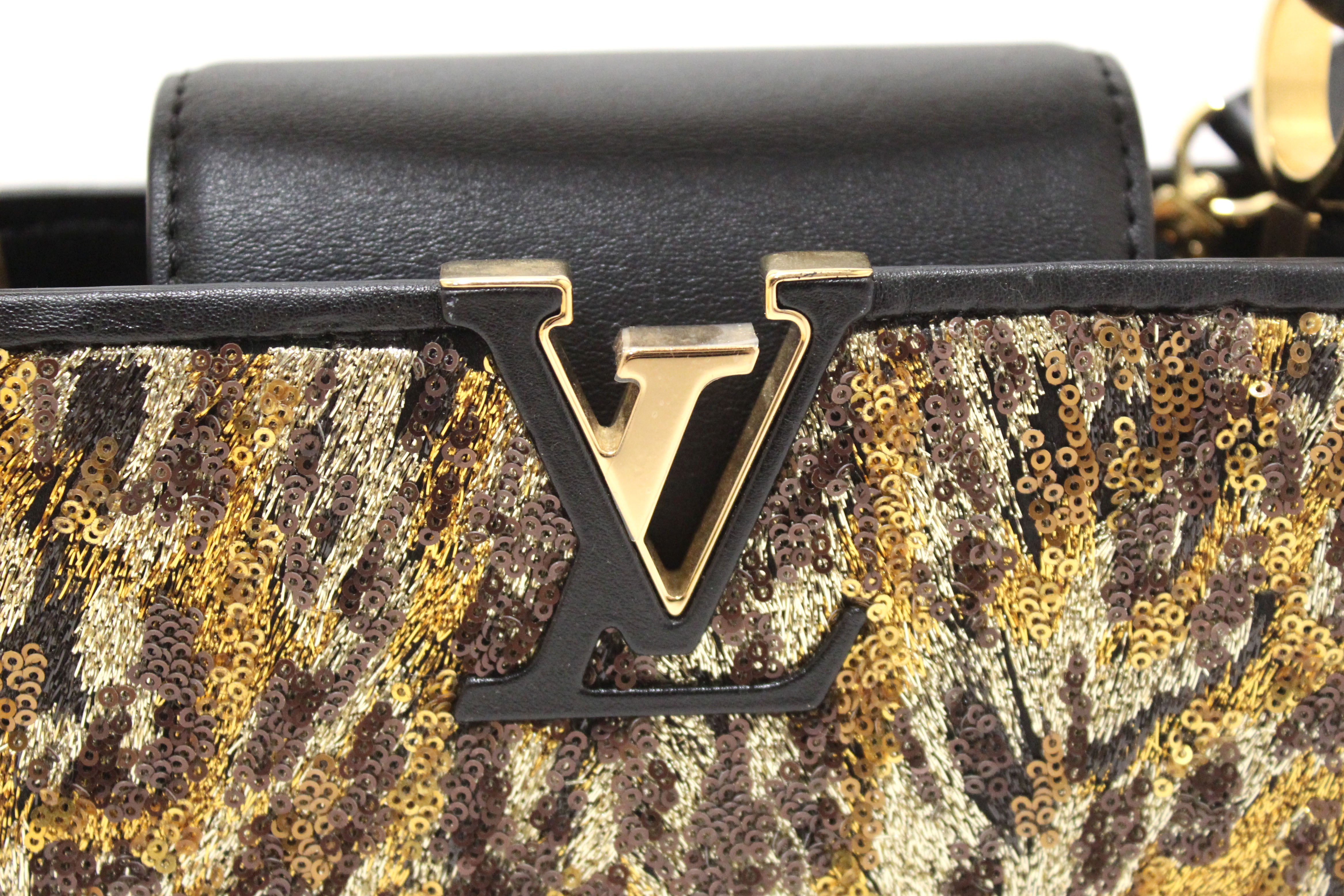 Authentic Louis Vuitton Black and Gold Leoflame Dore Sequins Capucine BB Handbag