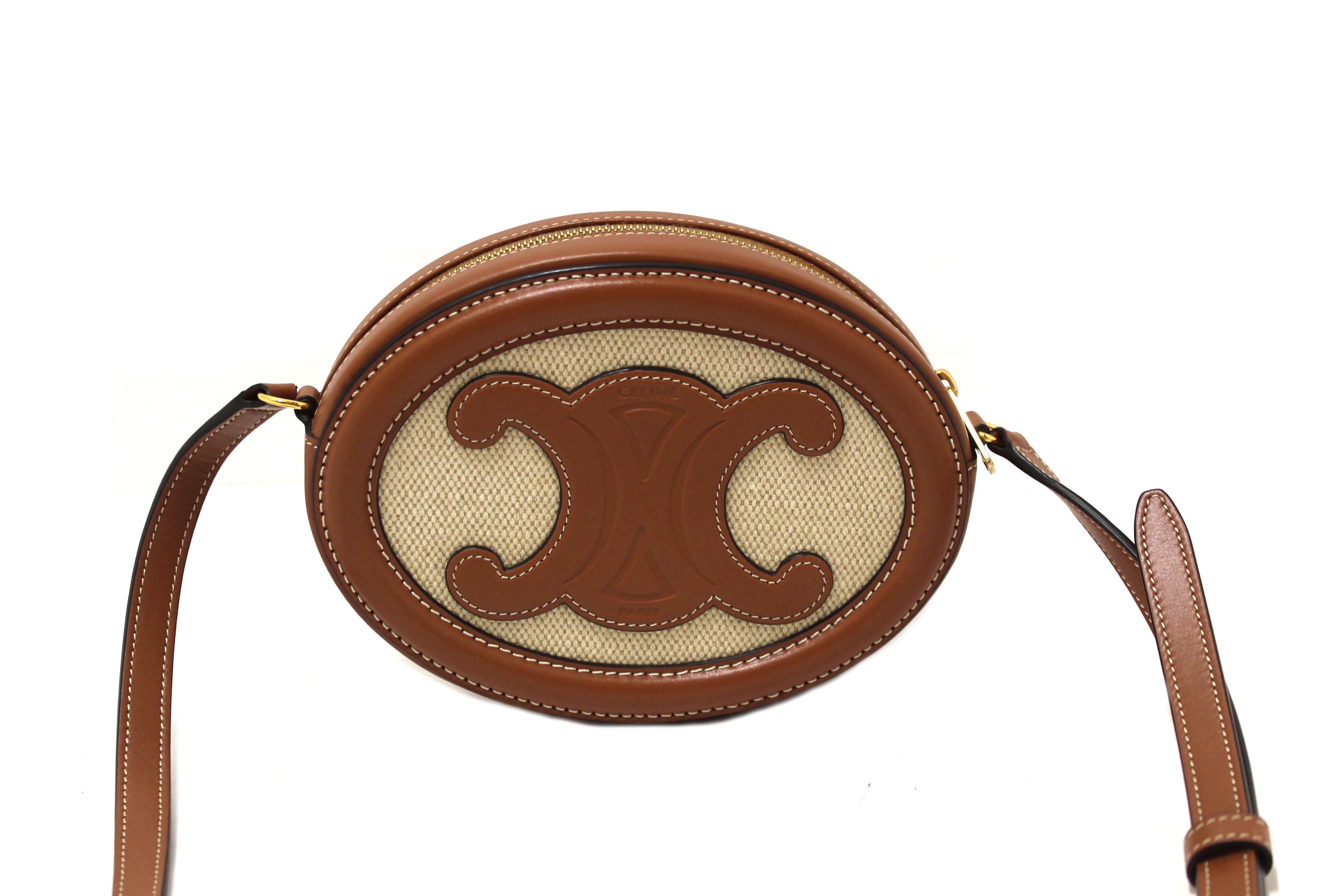 Authentic Celine Textile and Brown Leather Oval Purse Cuir Triomphe Crossbody Bag