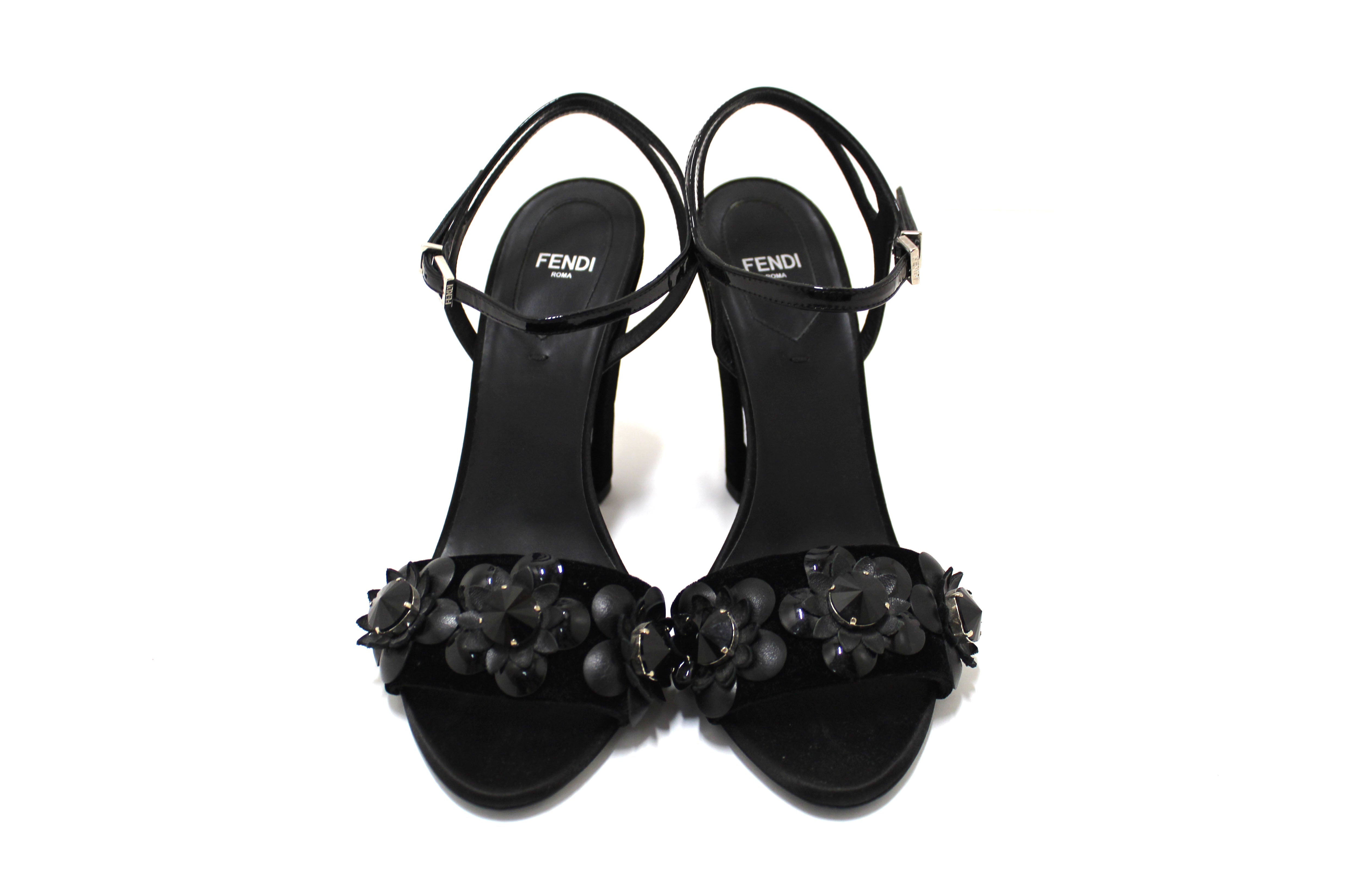 Authentic Fendi Black Velvet Flowerland Jewel Ankle Strap Sandals Size 38.5