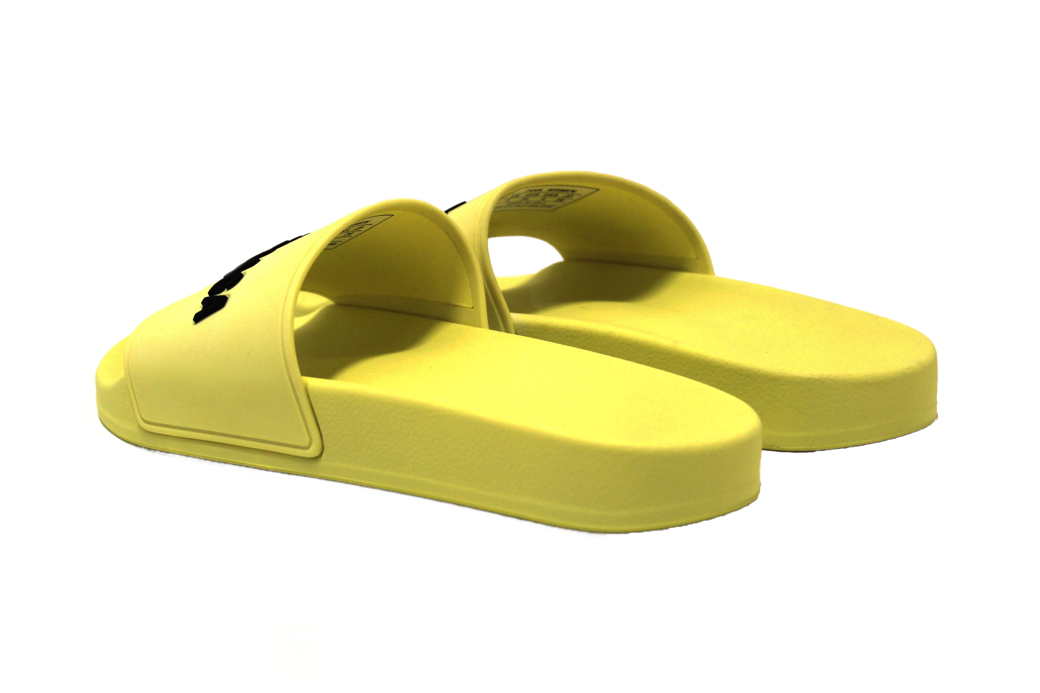 Authentic NEW Balenciaga Yellow Neon Rubber with Black 3D Balenciaga Logo Women Pool Slide Sandal Size 9 US