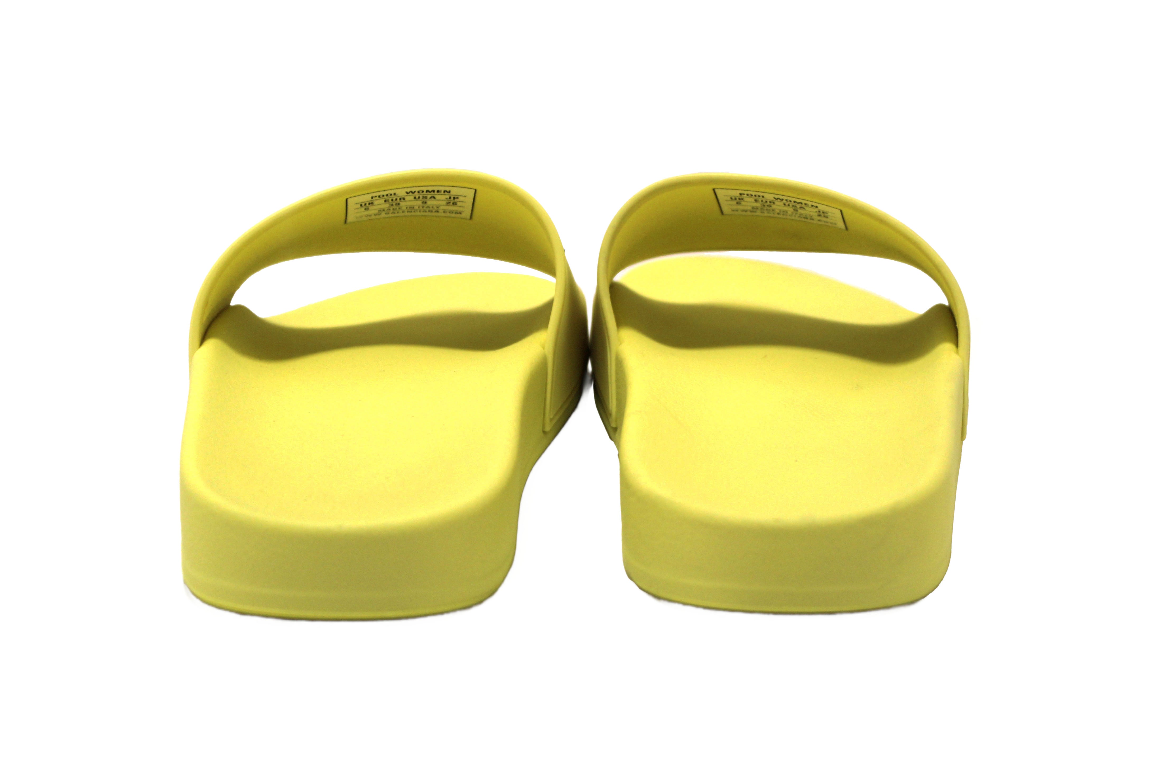 Authentic NEW Balenciaga Yellow Neon Rubber with Black 3D Balenciaga Logo Women Pool Slide Sandal Size 9 US