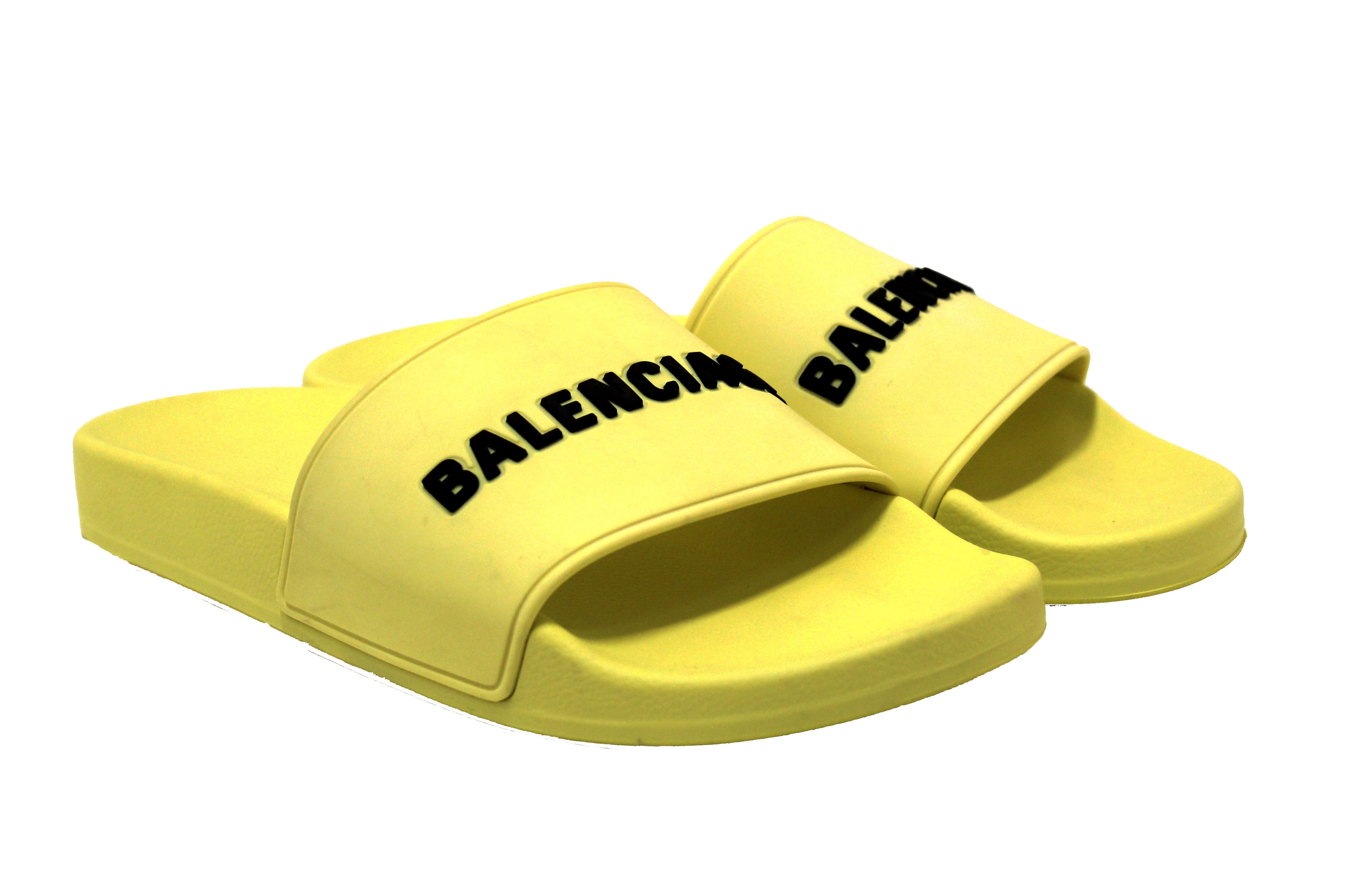 Authentic NEW Balenciaga Yellow Neon Rubber with Black 3D Balenciaga Logo Women Pool Slide Sandal Size 9 US