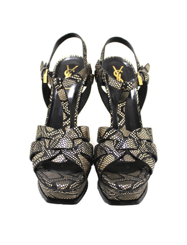 Authentic Saint Laurent Metallic Black/Gold Python Embossed Leather Tribute Platform Sandals Size 39