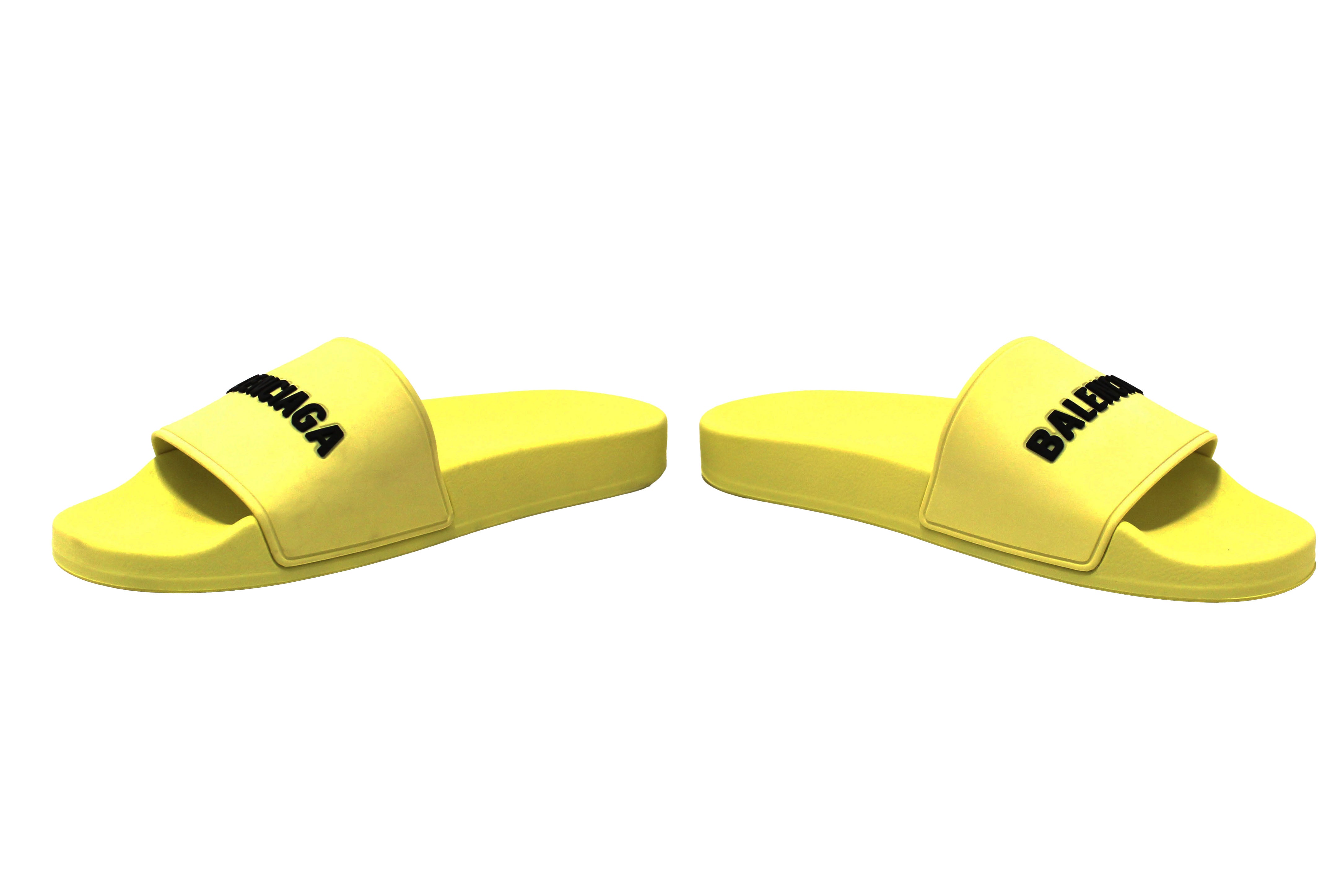 Authentic NEW Balenciaga Yellow Neon Rubber with Black 3D Balenciaga Logo Women Pool Slide Sandal Size 9 US
