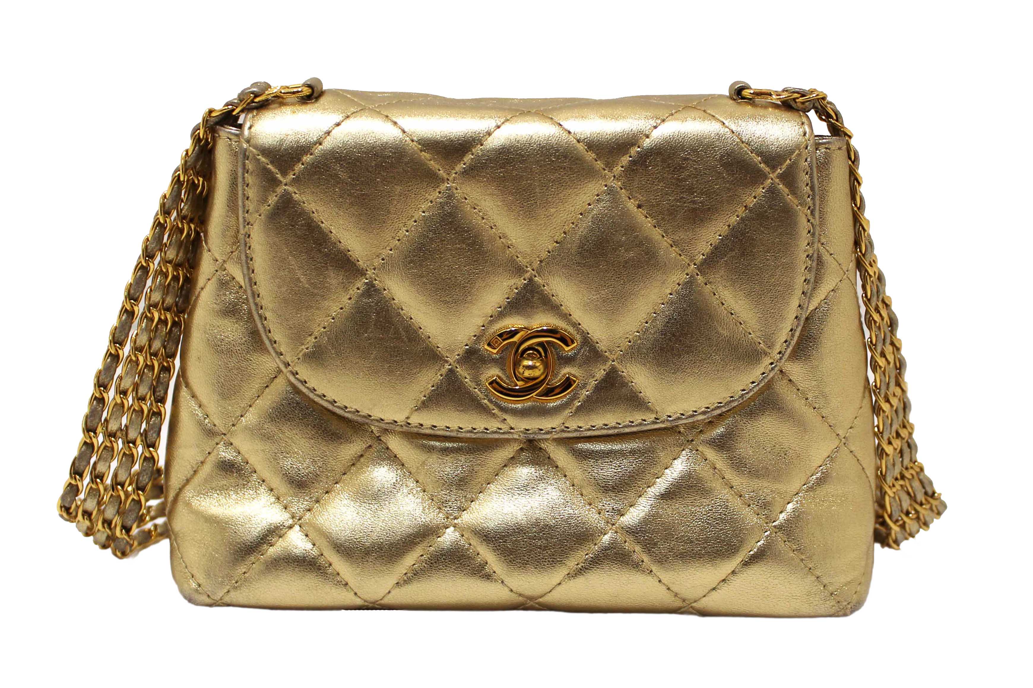Authentic Chanel Vintage Gold Metallic Quilted Lambskin Leather