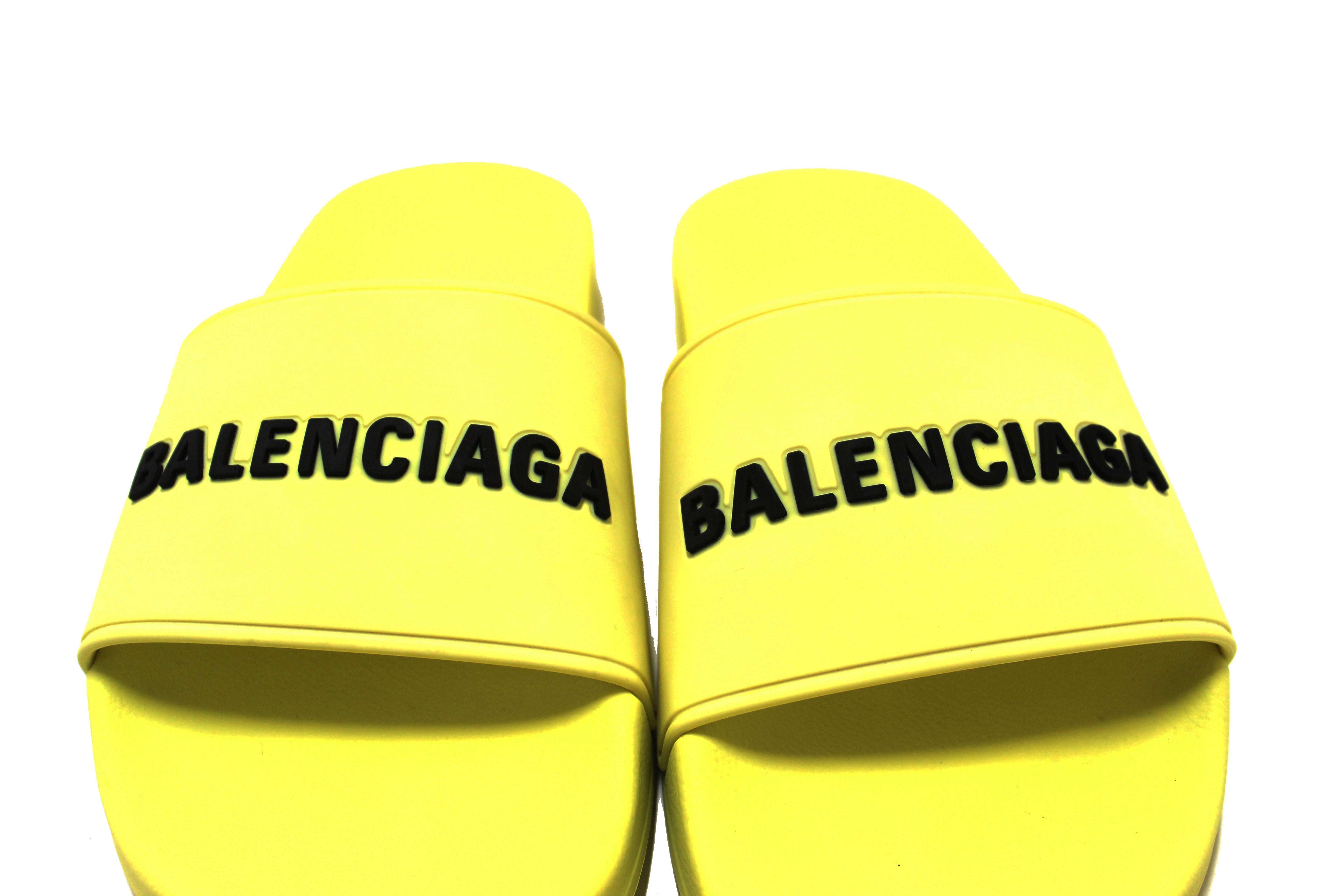 Authentic NEW Balenciaga Yellow Neon Rubber with Black 3D Balenciaga Logo Women Pool Slide Sandal Size 9 US