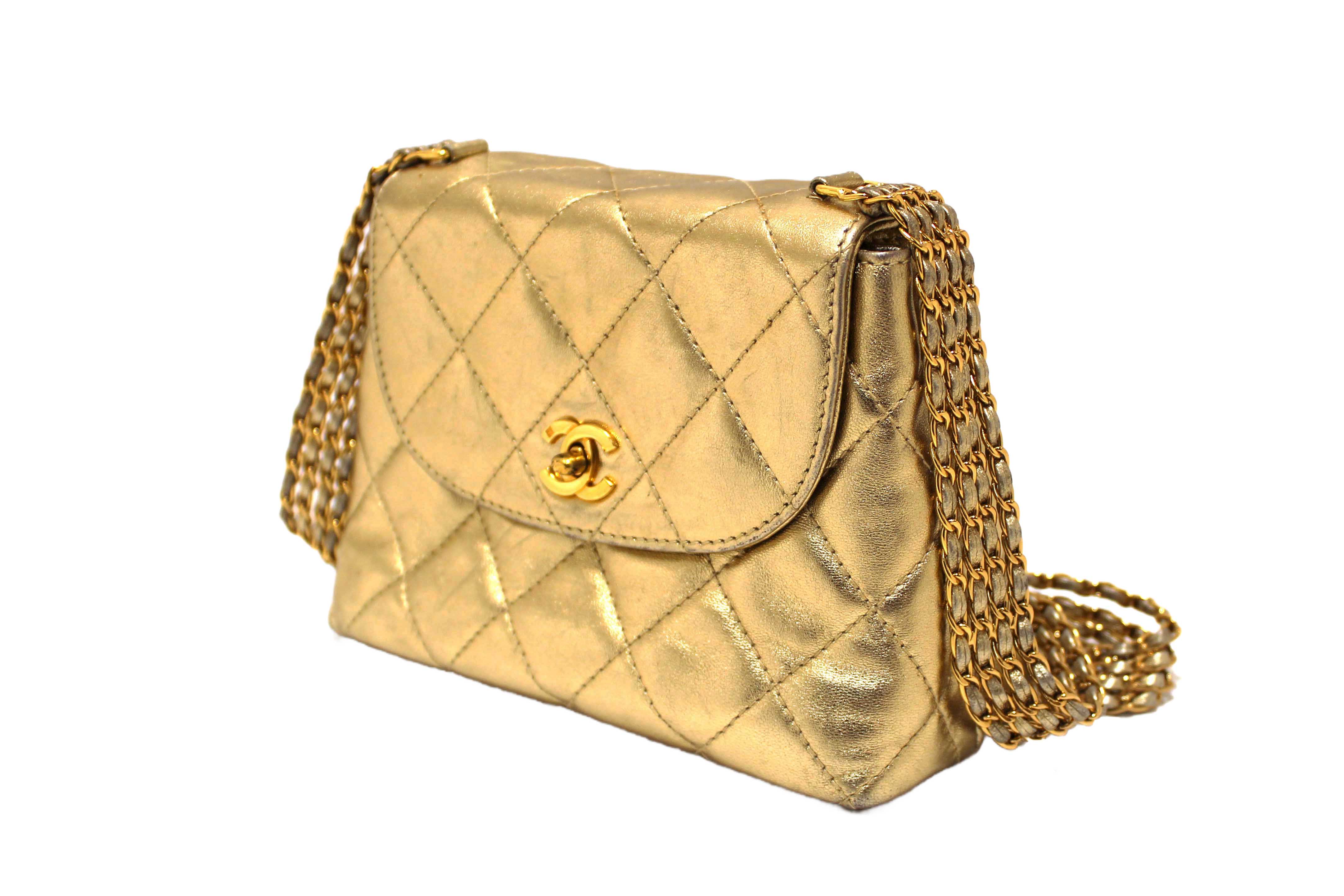 Authentic Chanel Vintage Gold Metallic Quilted Lambskin Leather Multi Chain CC Mini Round Flap Bag