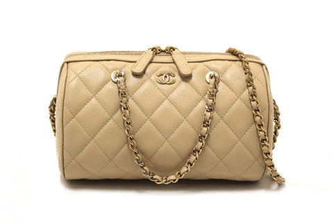 Authentic Chanel Beige Quilted Caviar Leather Mini Bowling with Chain Bag
