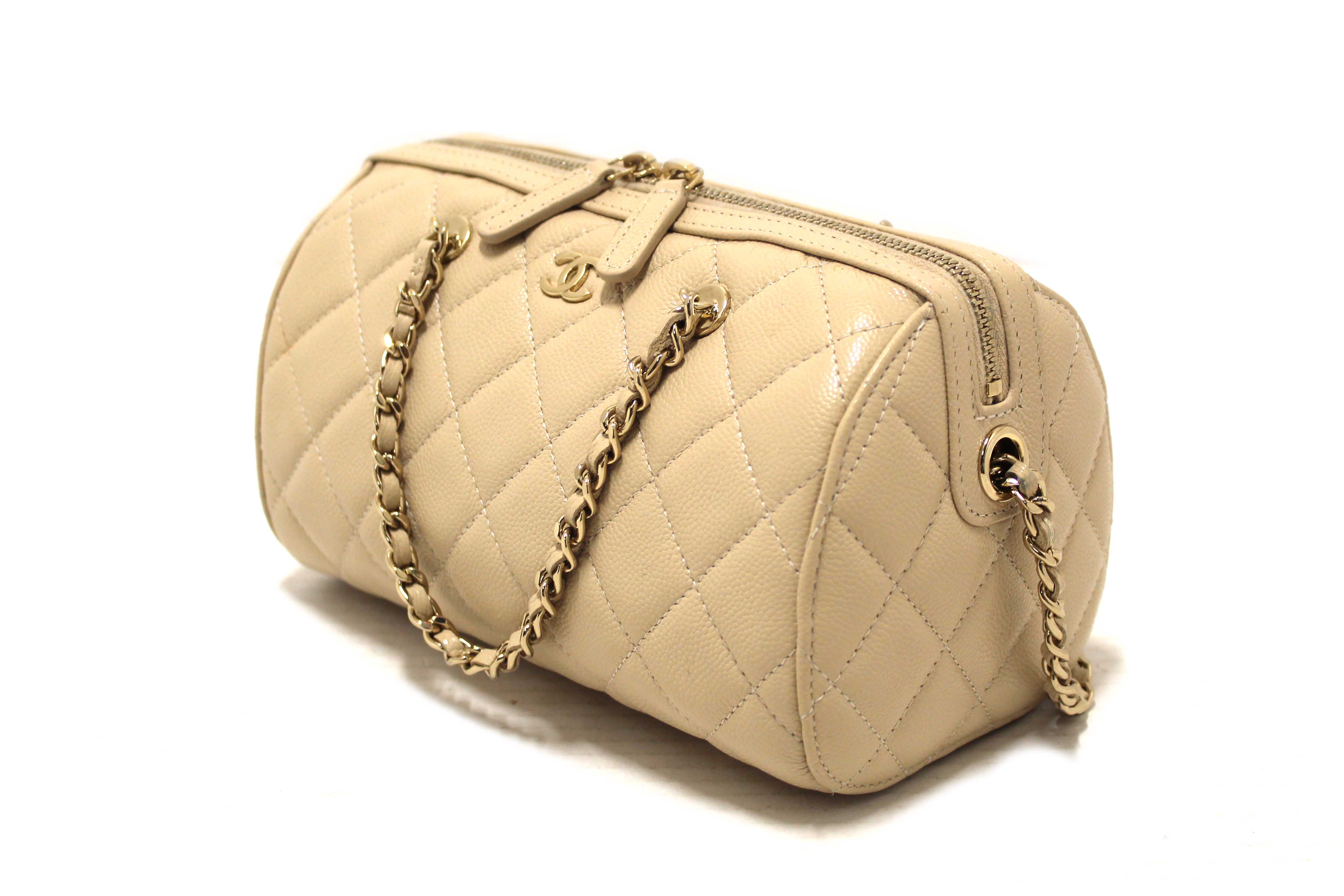Authentic Chanel Beige Quilted Caviar Leather Mini Bowling with Chain Bag