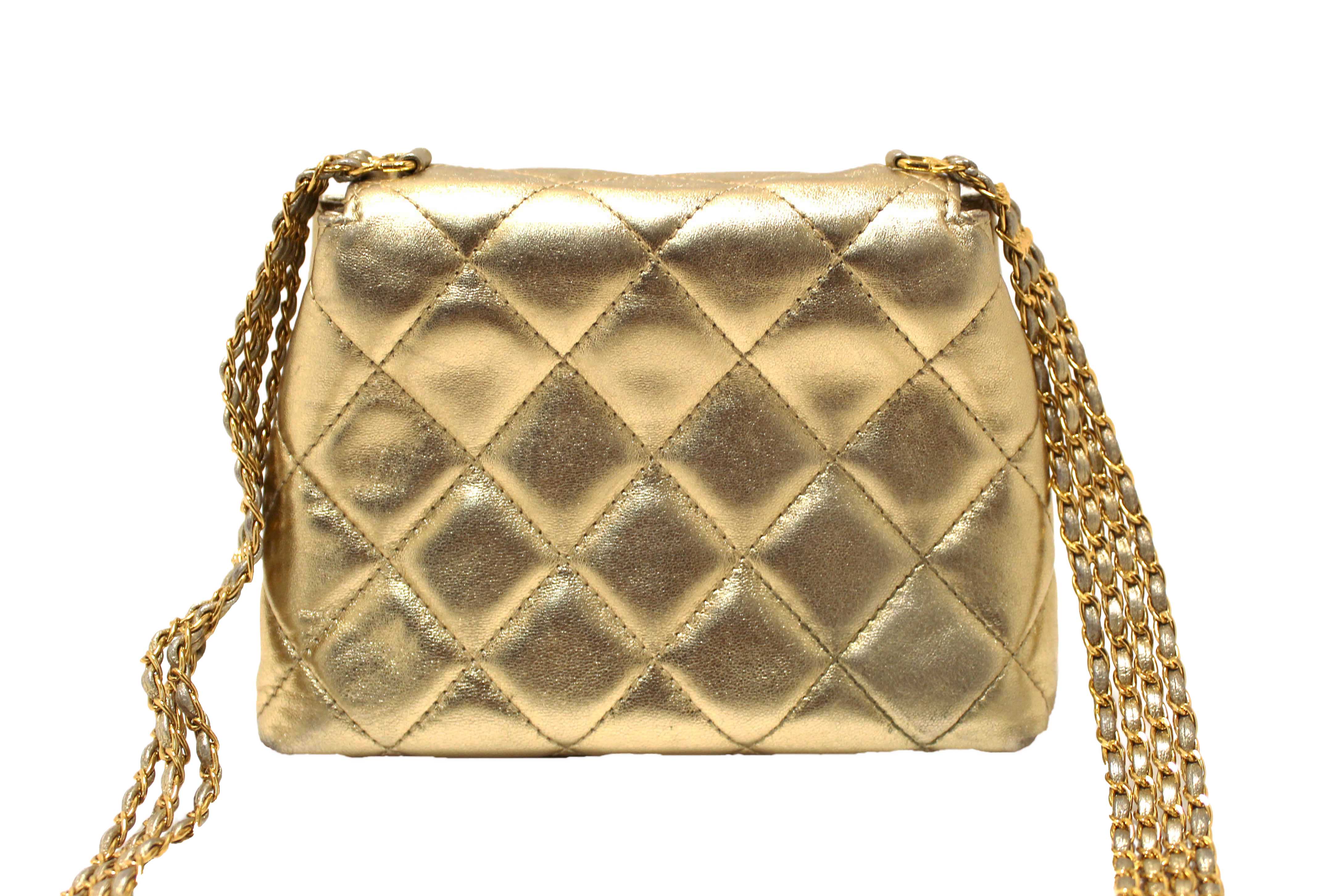Authentic Chanel Vintage Gold Metallic Quilted Lambskin Leather Multi Chain CC Mini Round Flap Bag