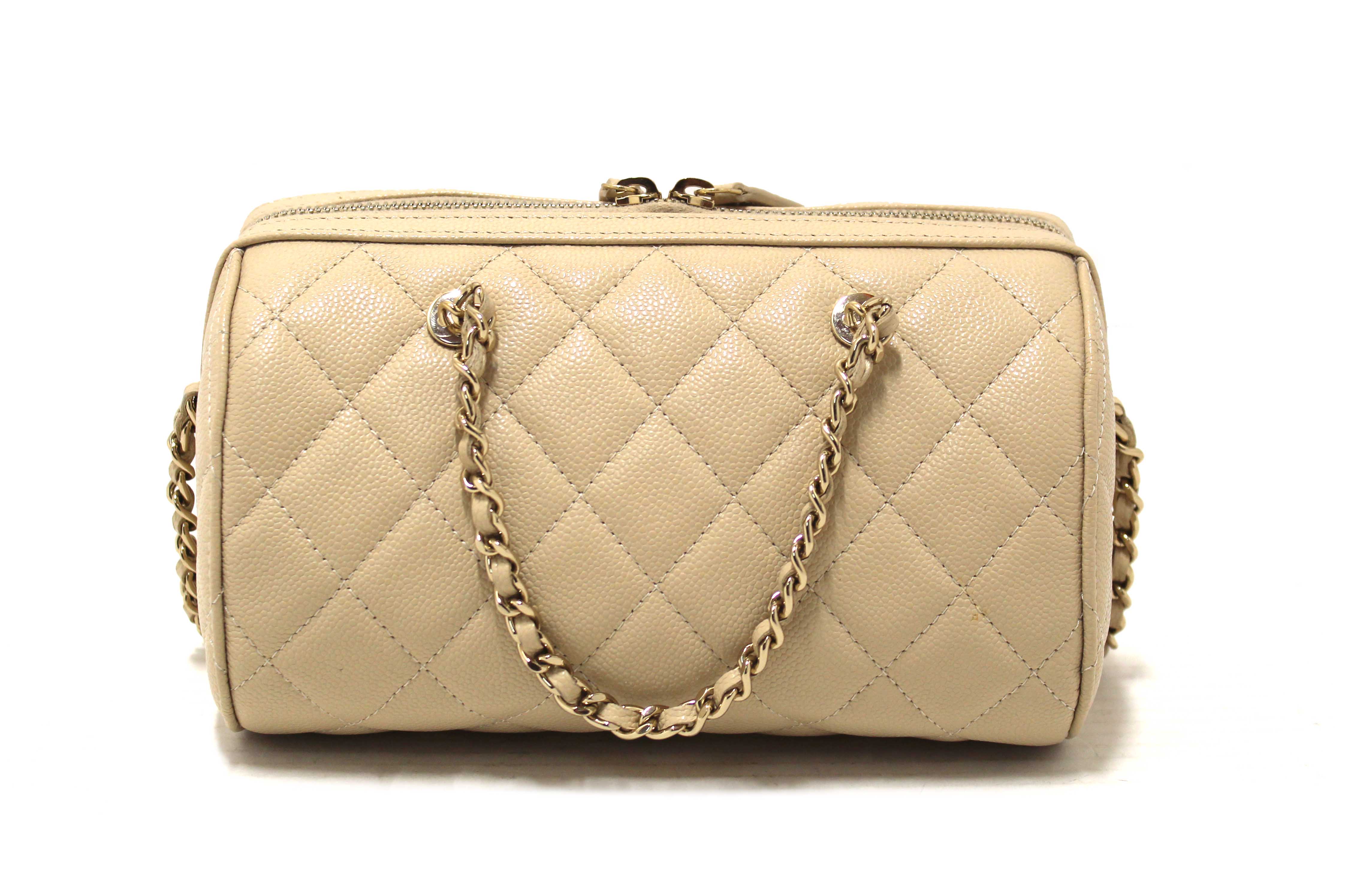 Authentic Chanel Beige Quilted Caviar Leather Mini Bowling with Chain Bag