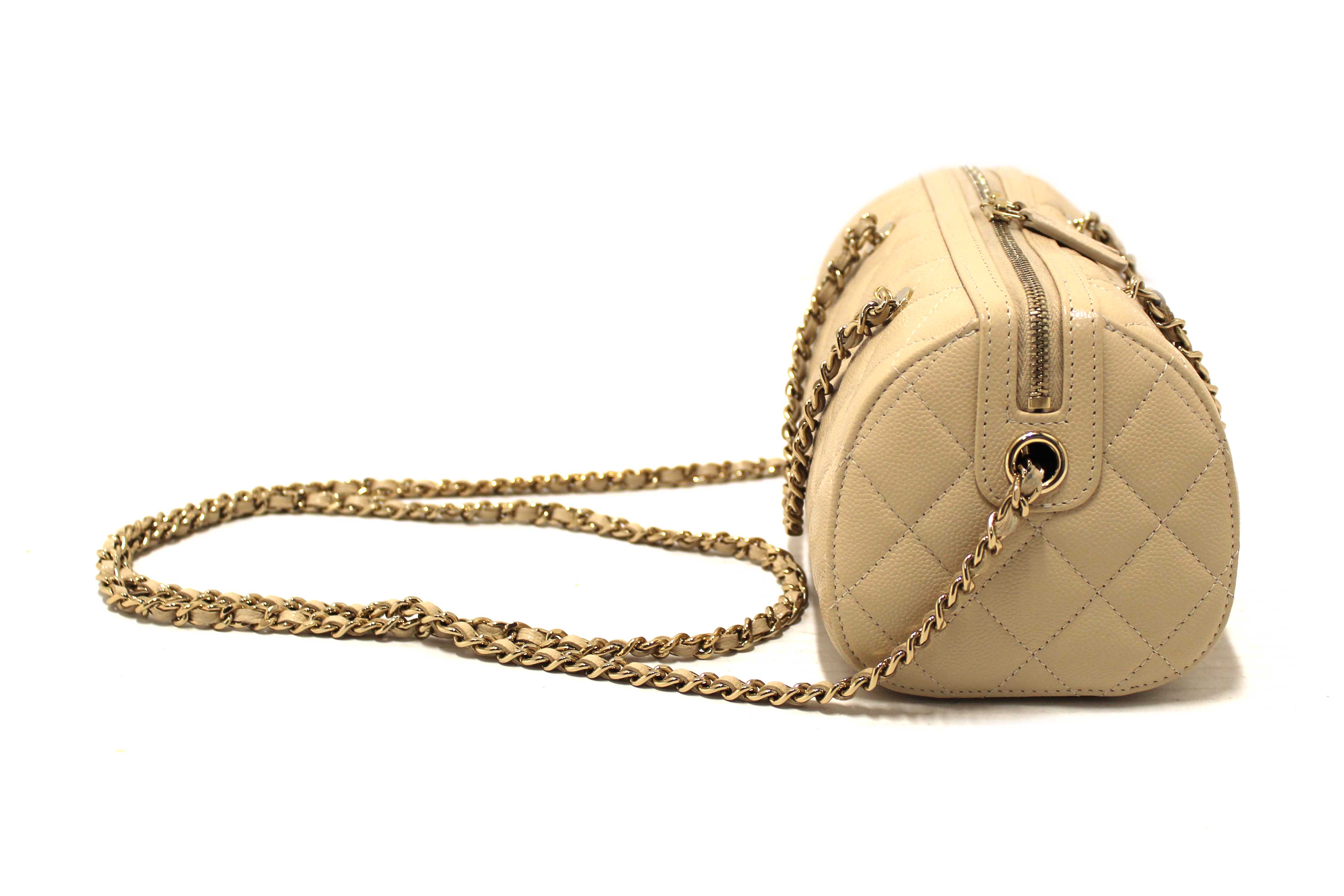 Authentic Chanel Beige Quilted Caviar Leather Mini Bowling with Chain Bag