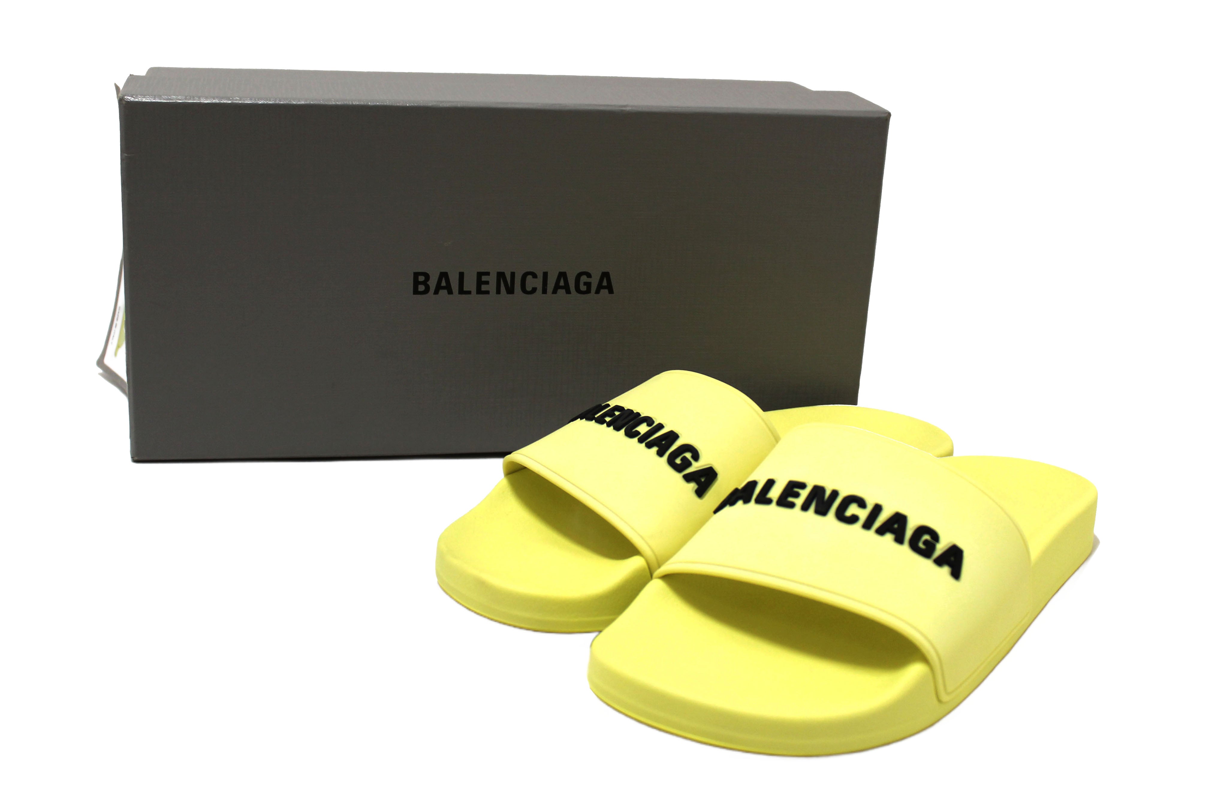 Authentic NEW Balenciaga Yellow Neon Rubber with Black 3D Balenciaga Logo Women Pool Slide Sandal Size 9 US