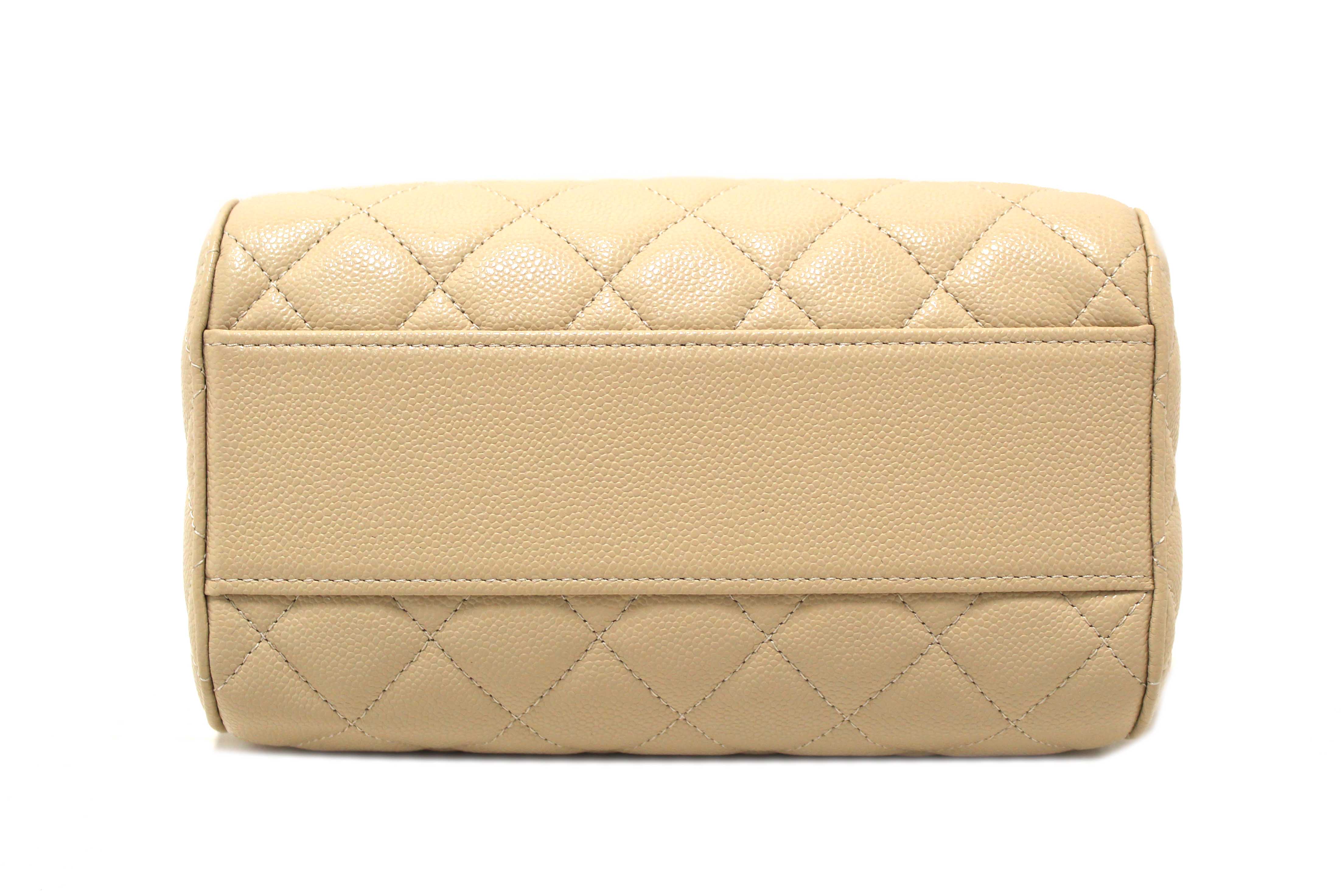 Authentic Chanel Beige Quilted Caviar Leather Mini Bowling with Chain Bag