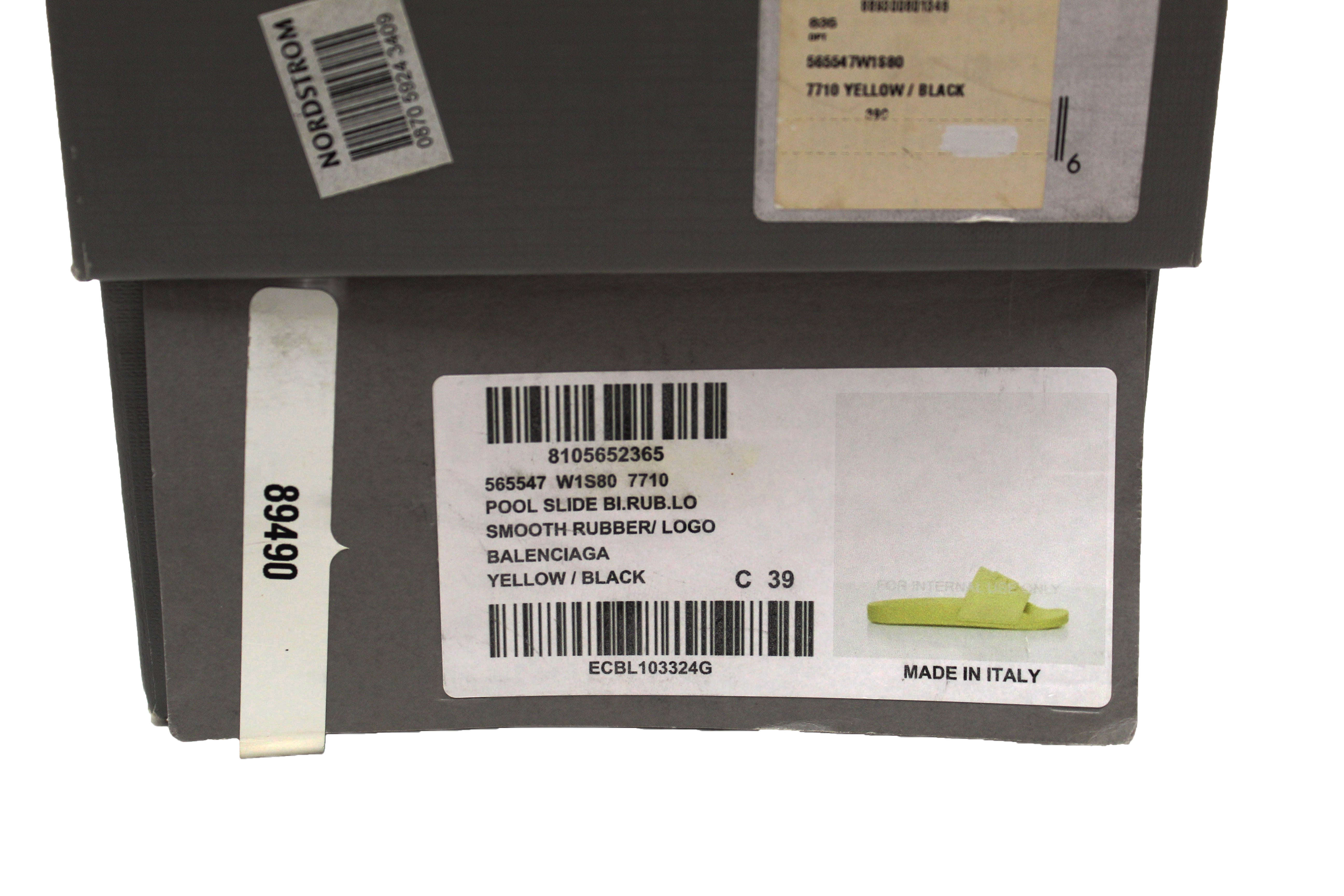 Authentic NEW Balenciaga Yellow Neon Rubber with Black 3D Balenciaga Logo Women Pool Slide Sandal Size 9 US