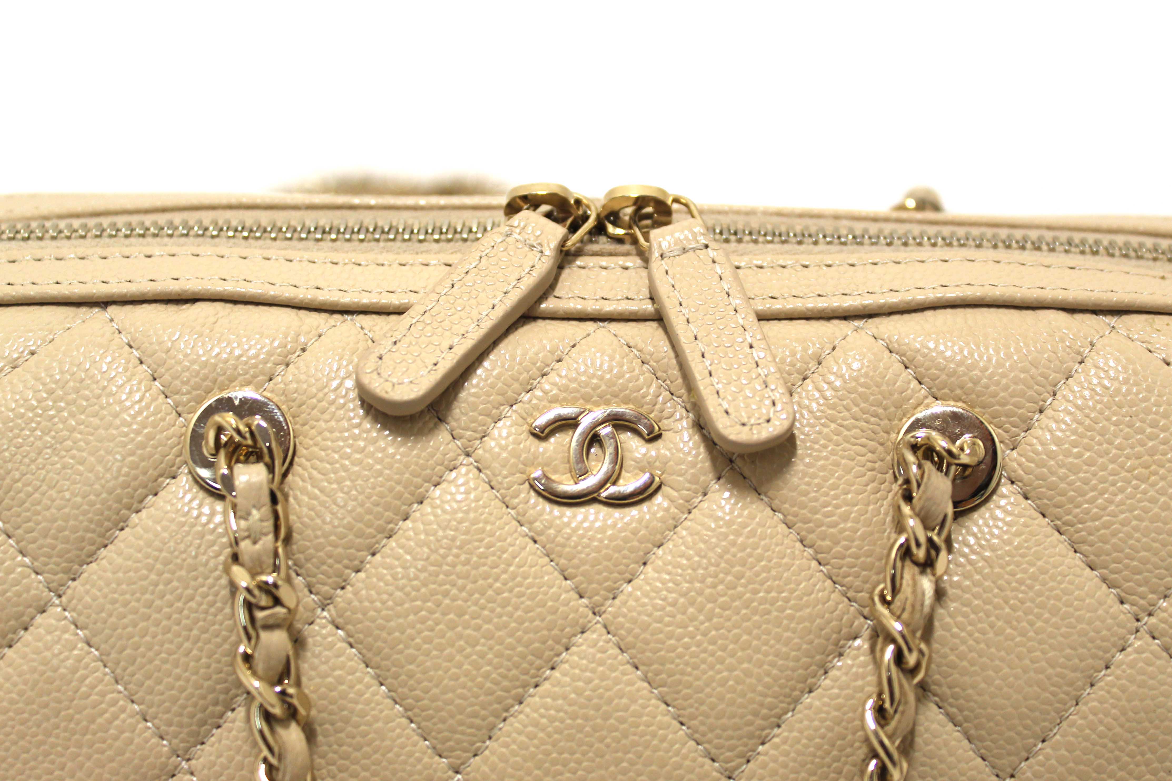 Authentic Chanel Beige Quilted Caviar Leather Mini Bowling with Chain Bag