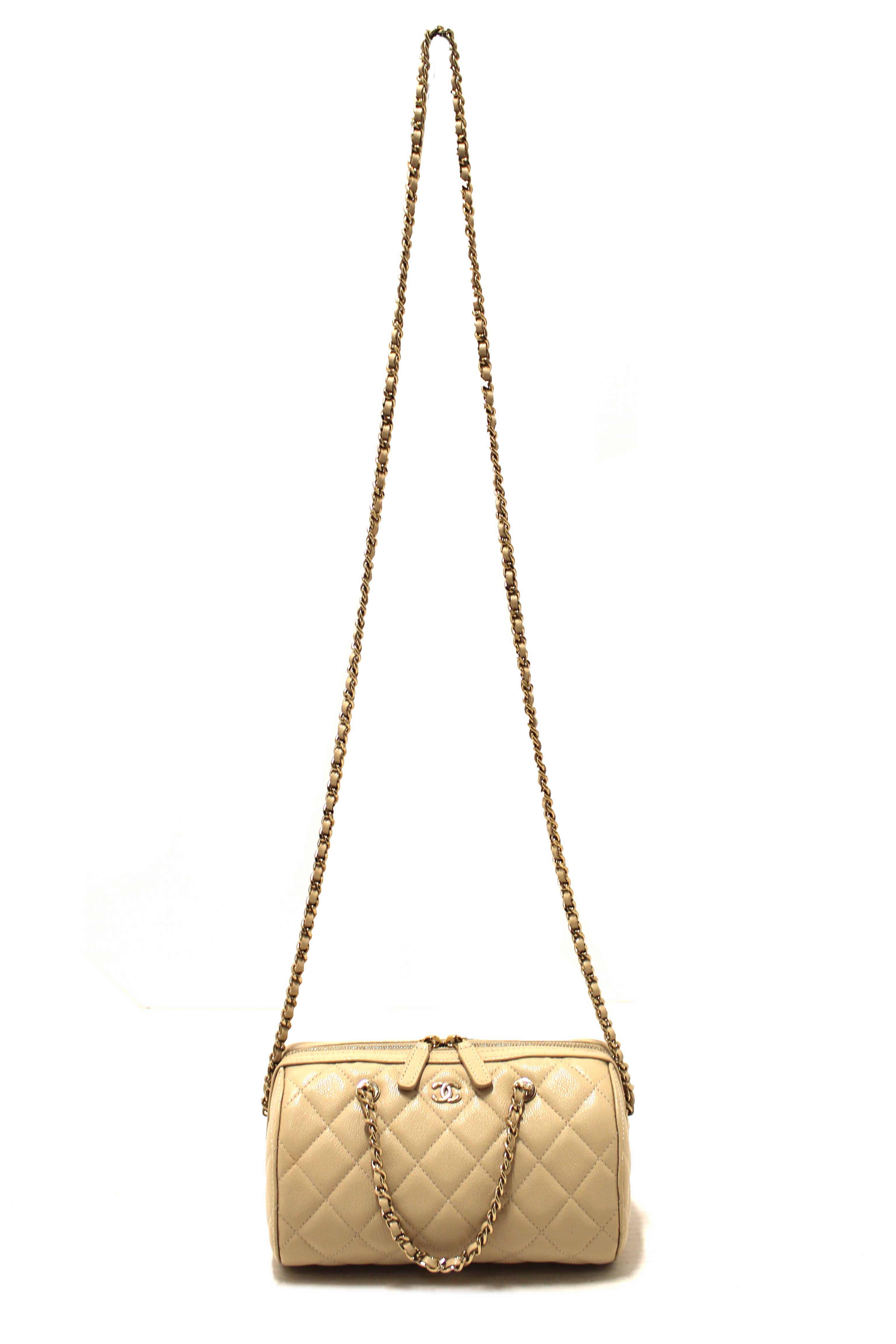 Authentic Chanel Beige Quilted Caviar Leather Mini Bowling with Chain Bag