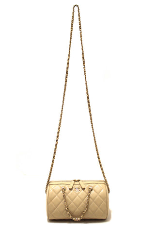 Authentic Chanel Beige Quilted Caviar Leather Mini Bowling with Chain Bag