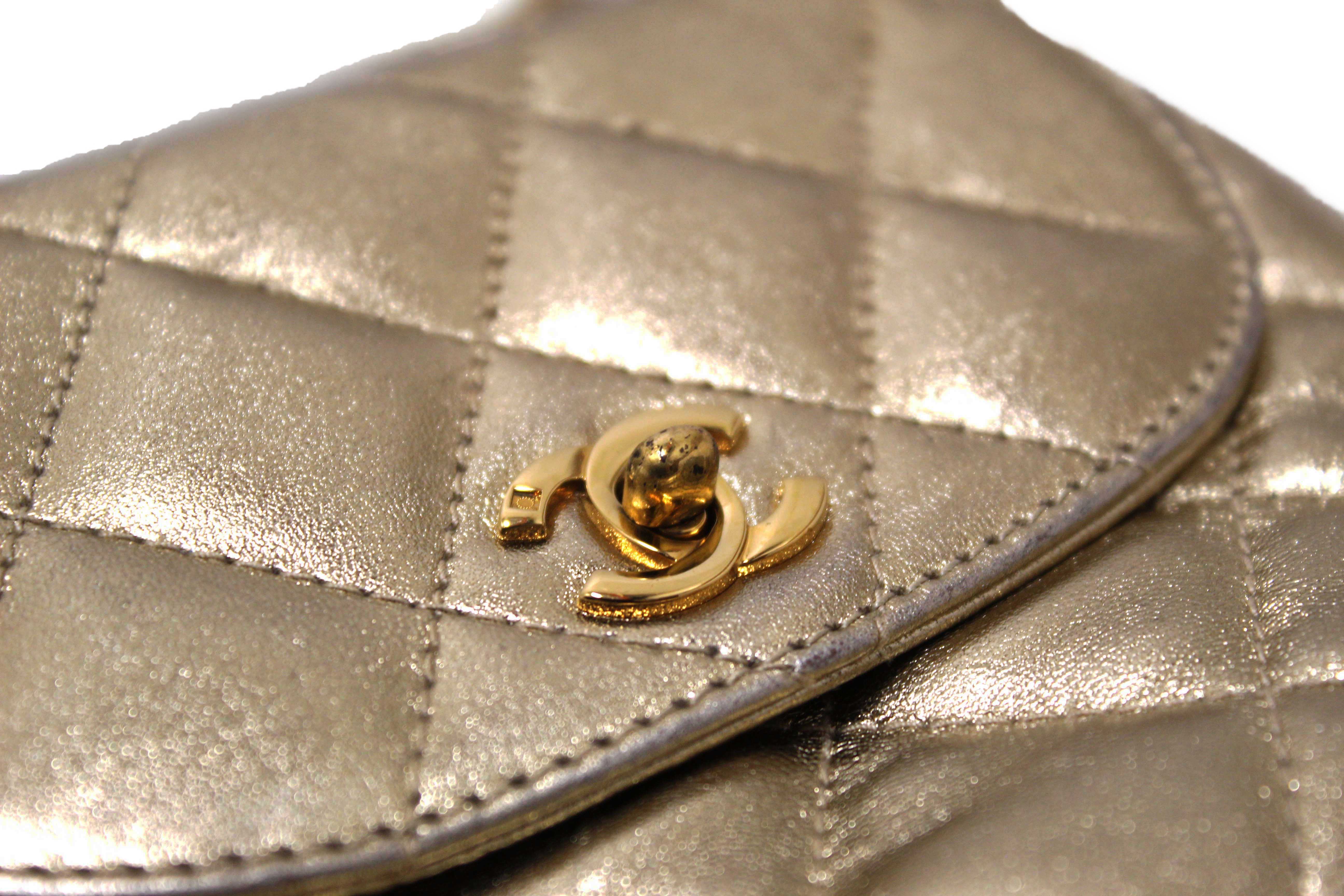 Authentic Chanel Vintage Gold Metallic Quilted Lambskin Leather Multi Chain CC Mini Round Flap Bag