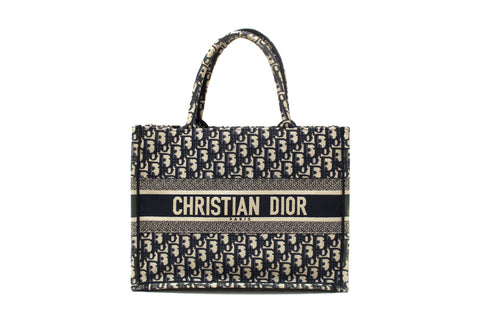 Authentic Christian Dior Ecru and Blue Dior Oblique Embroidery Medium Dior Book Tote