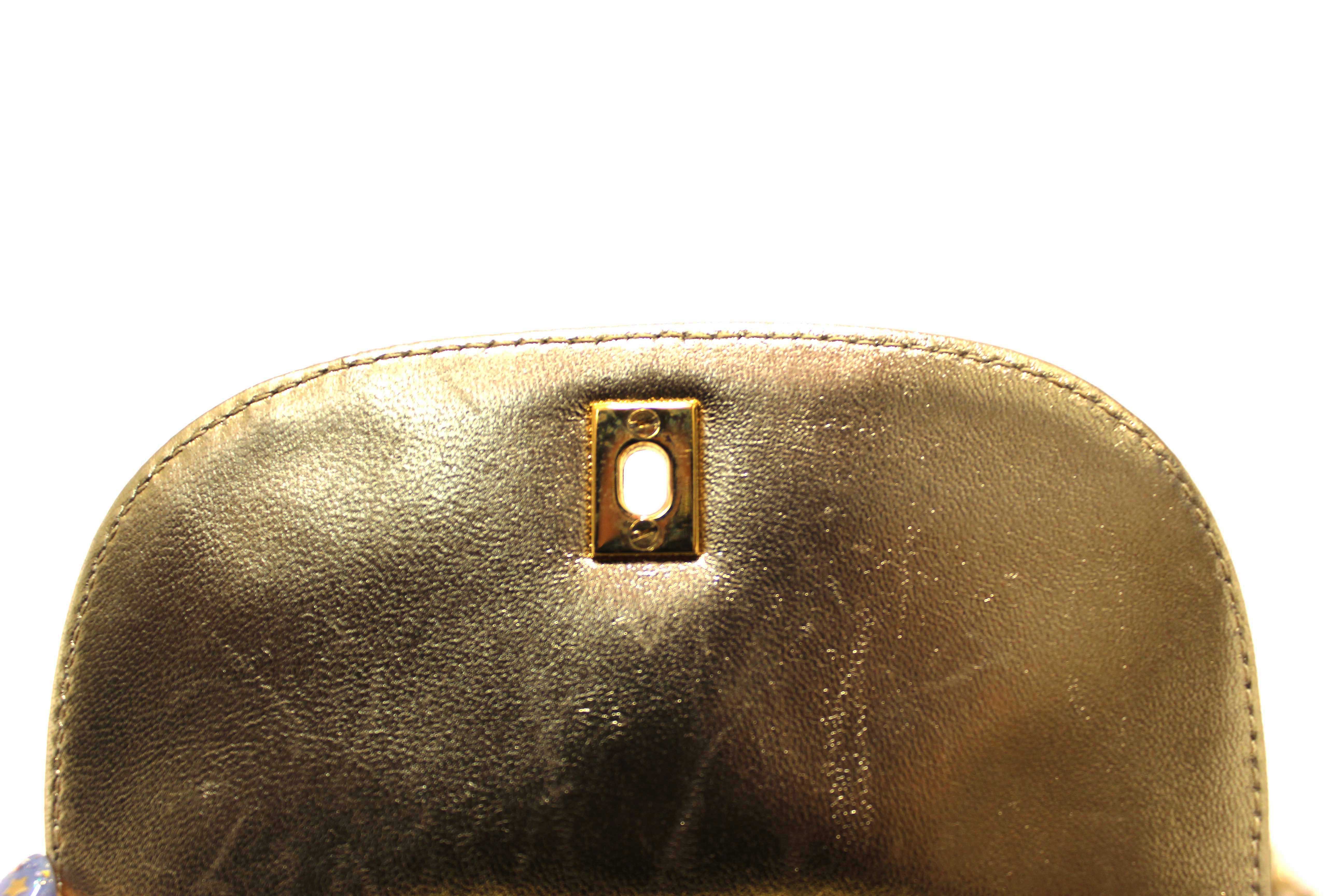 Authentic Chanel Vintage Gold Metallic Quilted Lambskin Leather Multi Chain CC Mini Round Flap Bag