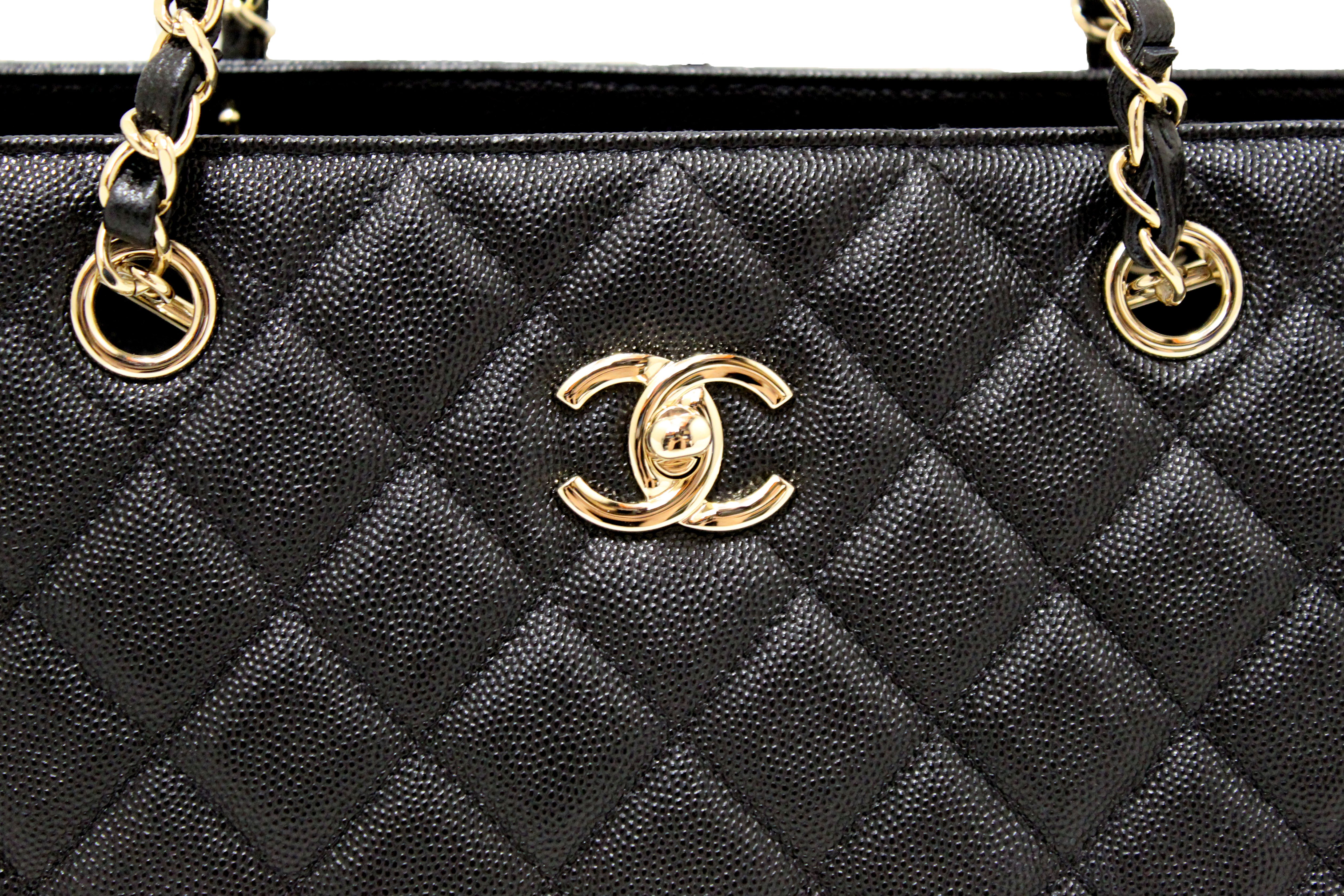 Authentic Chanel Black Quilted Caviar Leather Large Shopping Tote Bag