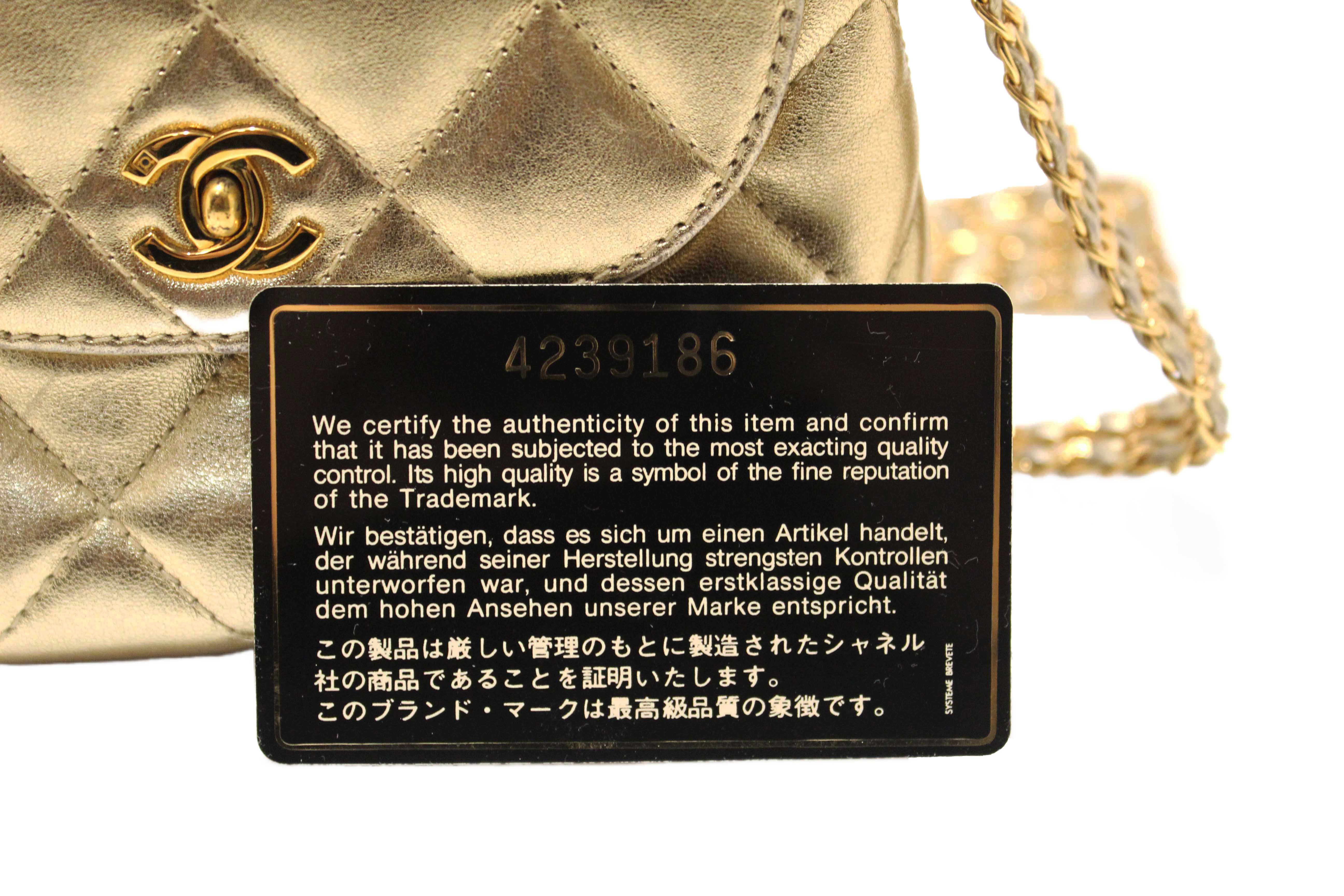 Authentic Chanel Vintage Gold Metallic Quilted Lambskin Leather Multi Chain CC Mini Round Flap Bag