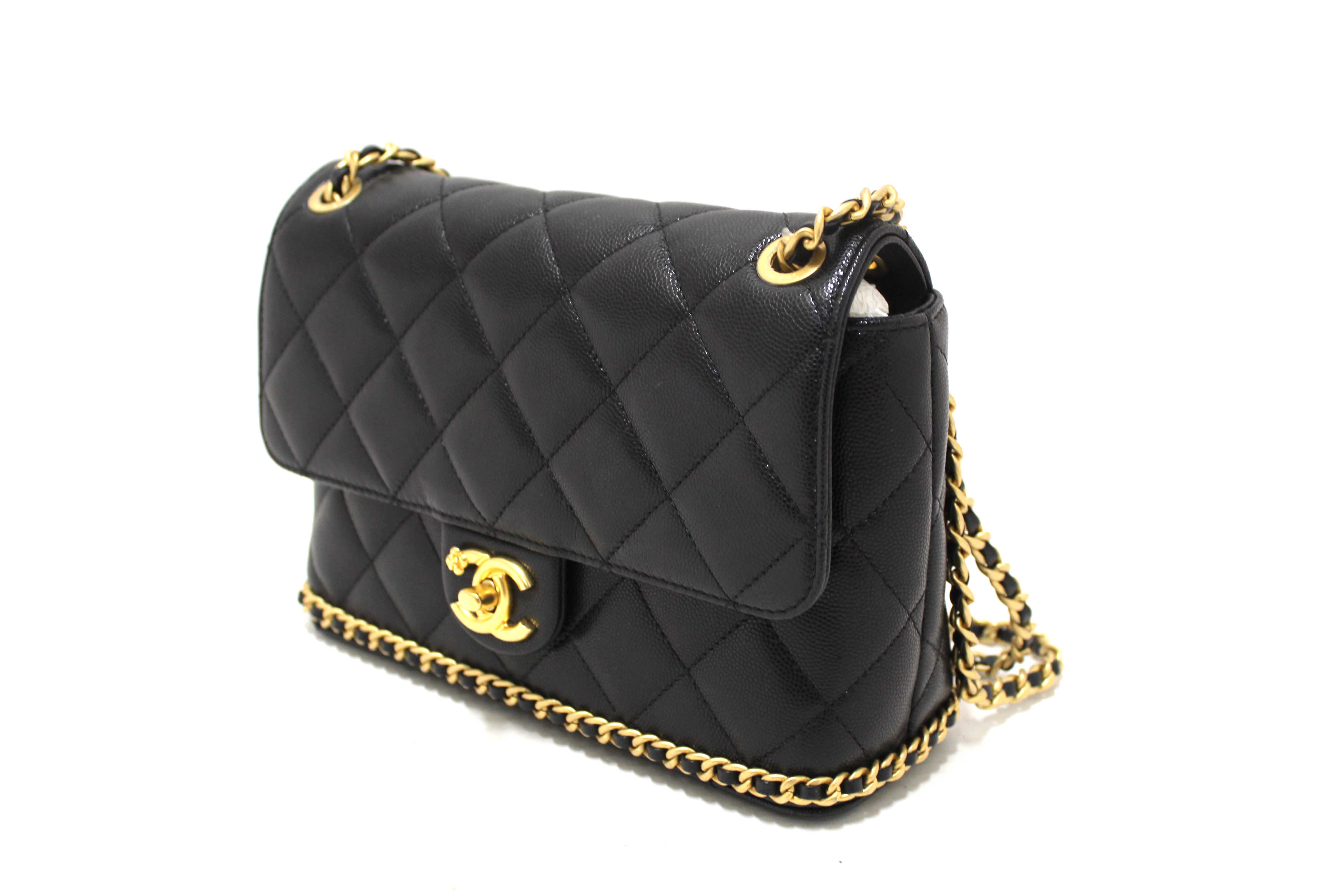 Authentic Chanel Black Quilted Caviar Leather Camellia Chain Around Flap Shoulder Bag