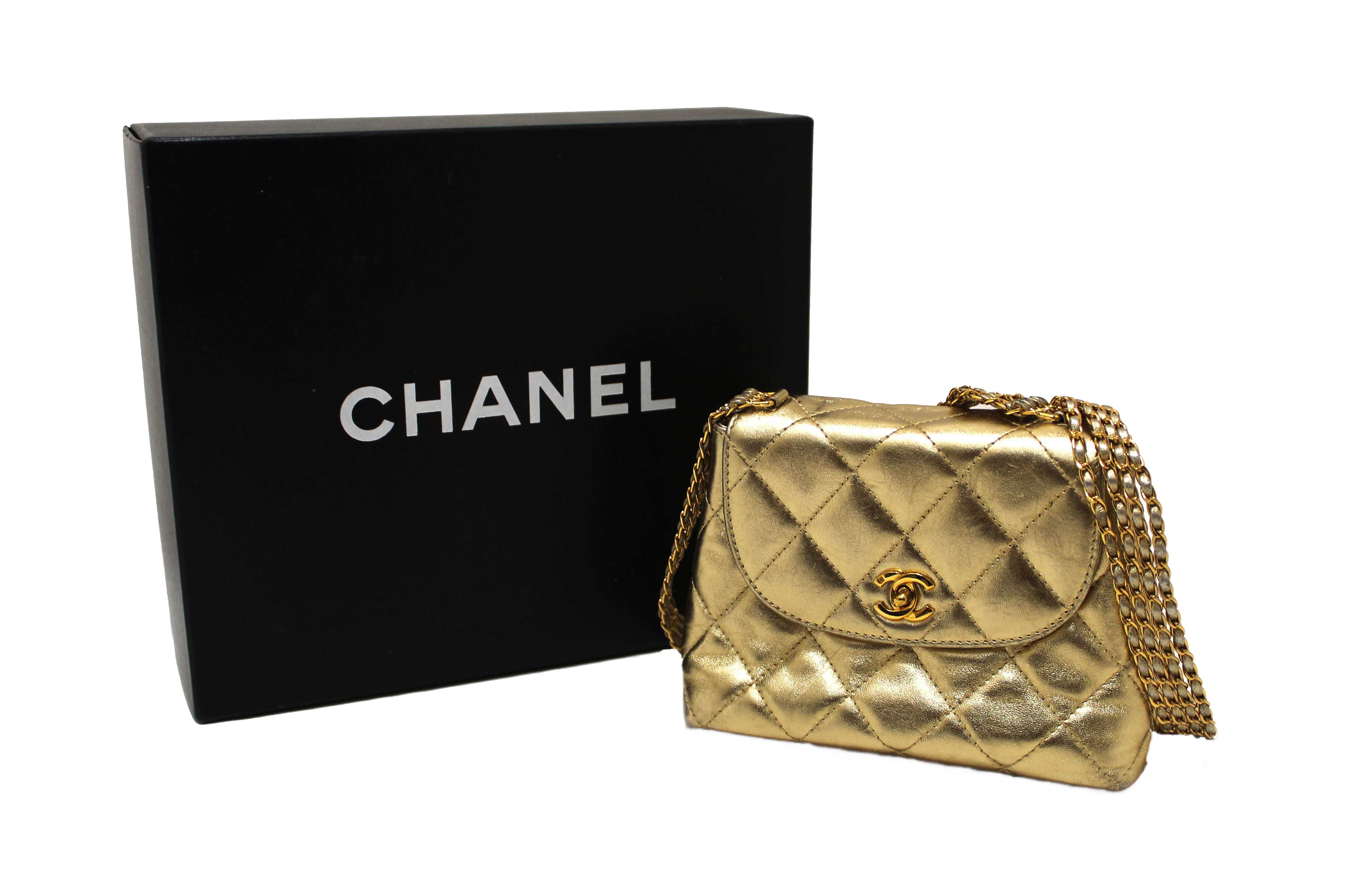 Authentic Chanel Vintage Gold Metallic Quilted Lambskin Leather Multi Chain CC Mini Round Flap Bag