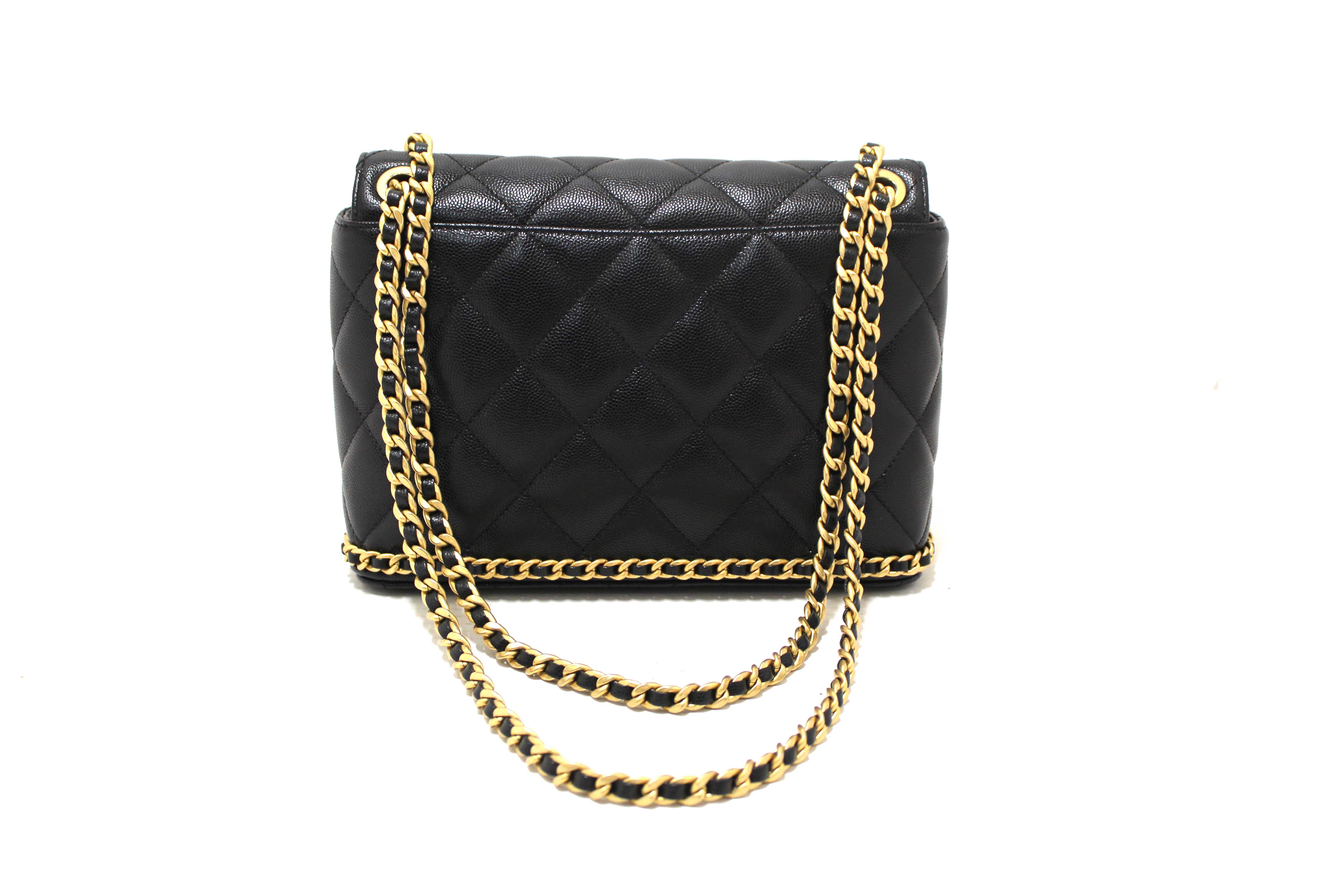 Authentic Chanel Black Quilted Caviar Leather Camellia Chain Around Flap Shoulder Bag